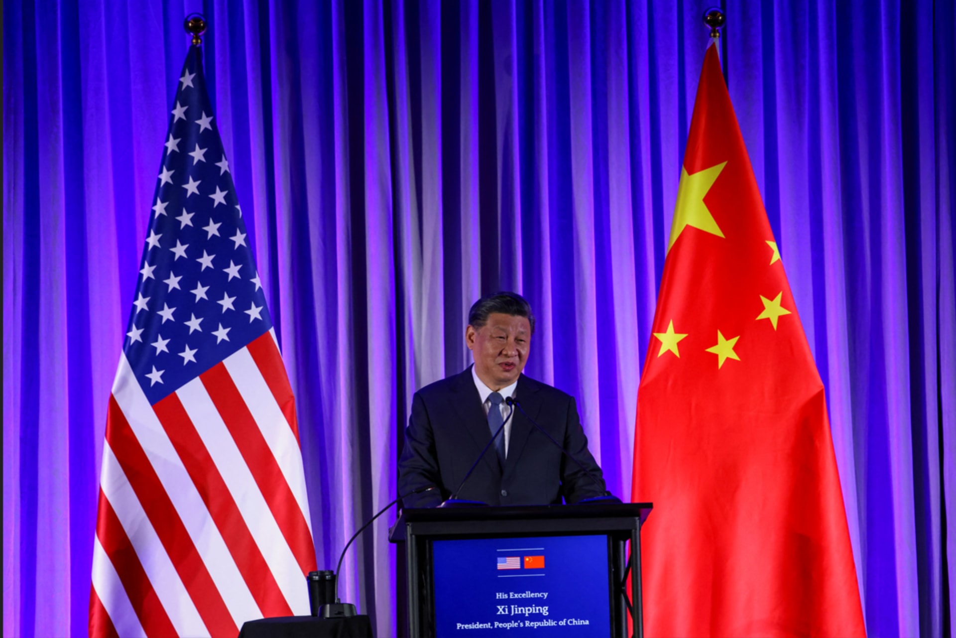 <p>China’s President Xi Jinping speaks at the “Senior Chinese Leader Event” held by the National Committee on US-China Relations and the US-China Business Council on the sidelines of the Asia-Pacific Economic Cooperation (APEC) summit in San Francisco</p>
