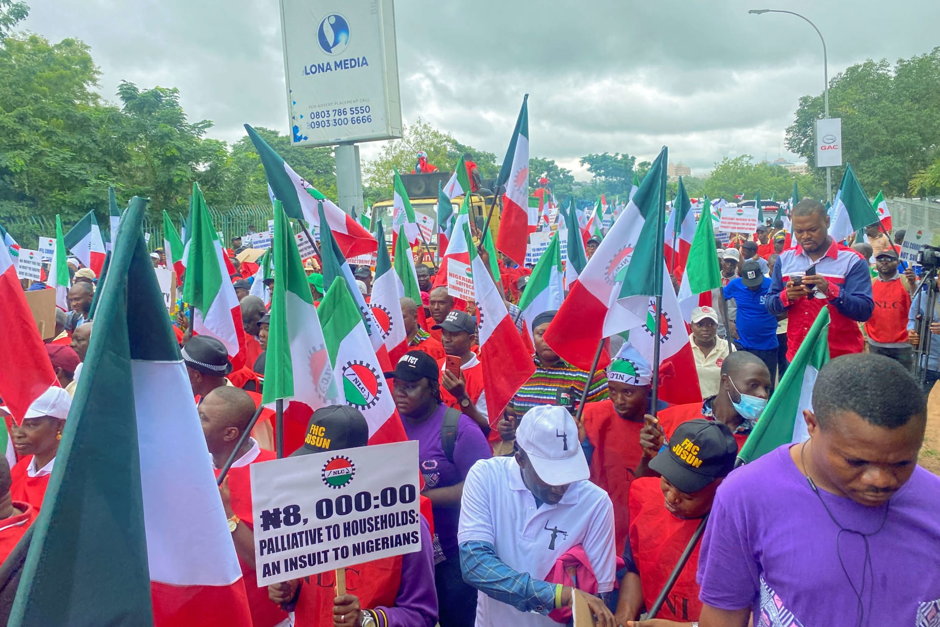<p>Members of the Nigerian Labor Union march during a protest against fuel price hikes and rising costs, in Abuja, Nigeria on August 2, 2023.</p>
