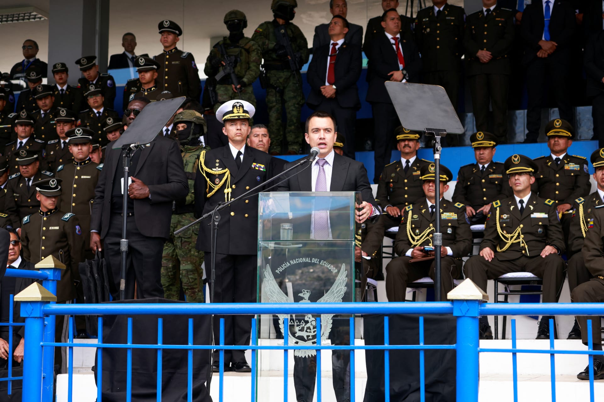 <p>Ecuadorian President Daniel Noboa gives a speech during a ceremony to deliver equipment to the national police on January 22, 2024.</p>
