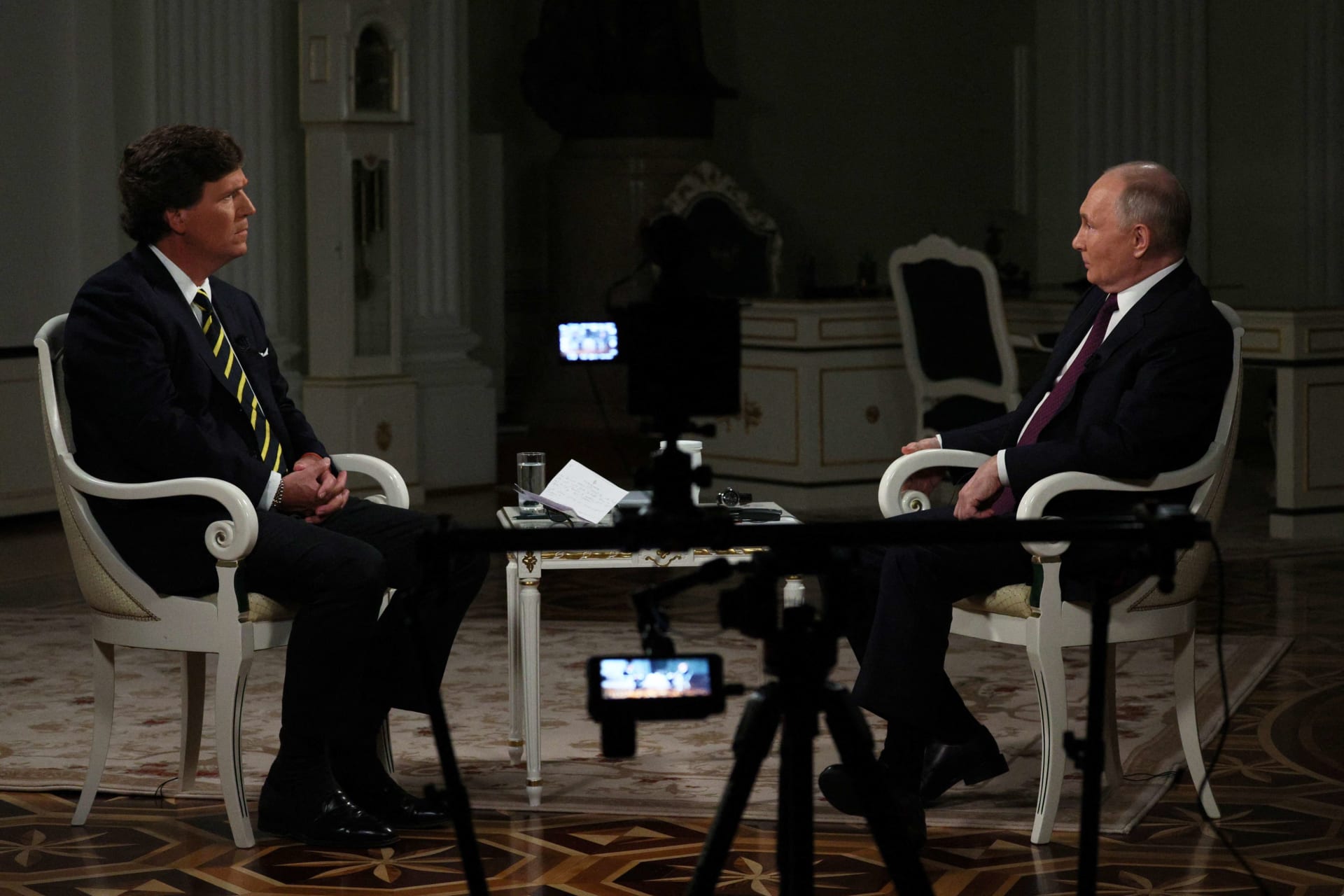 <p>Russian President Vladimir Putin in an interview with U.S. television host Tucker Carlson in Moscow.</p>

