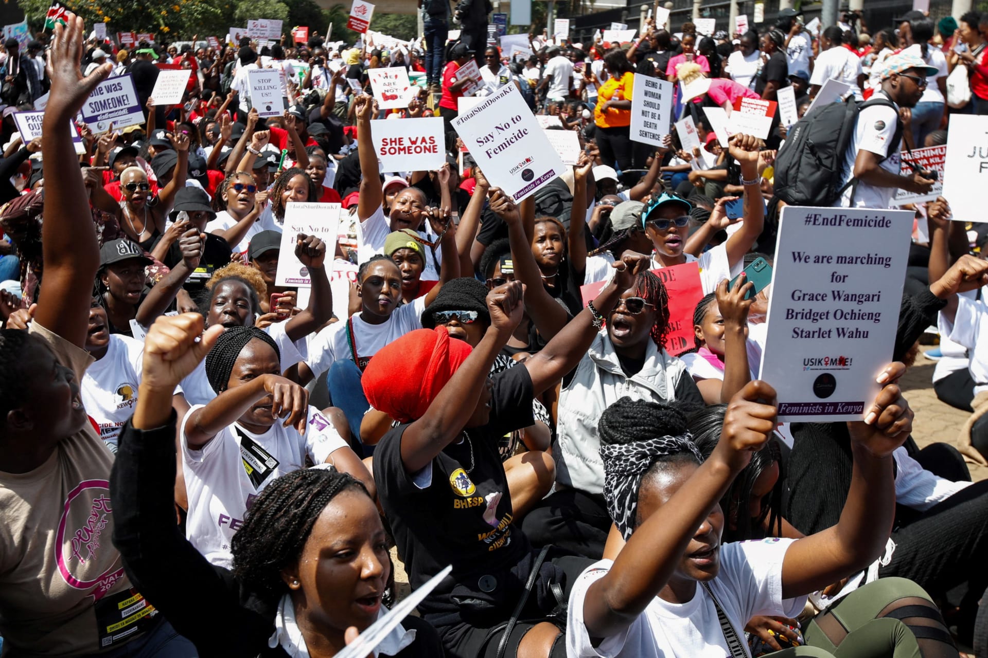 <p>Human rights activists react as they attend a protest demanding an end to femicides in the country in Kenya’s capital, Nairobi, January 27, 2024.</p>
