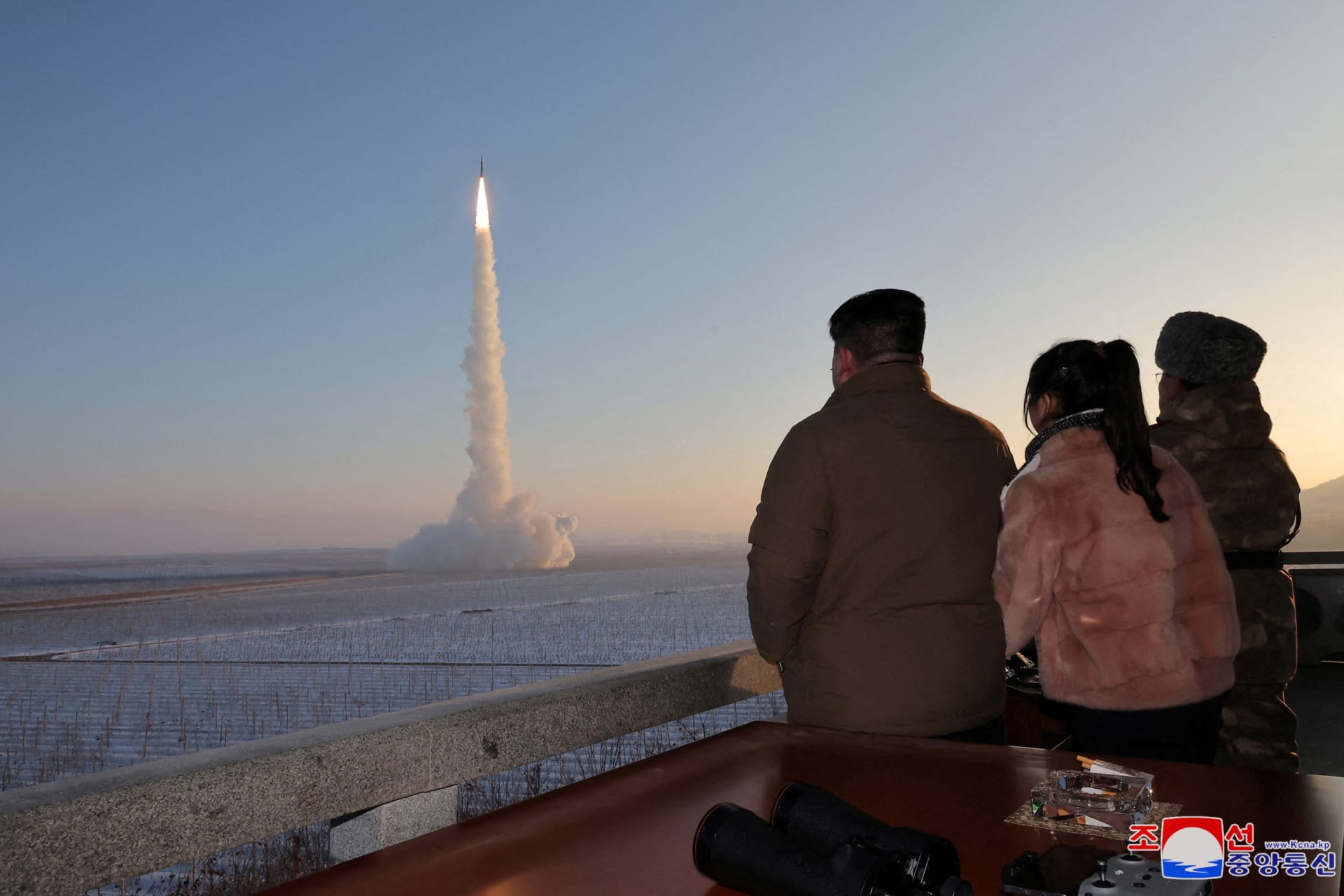 <p>North Korean Leader Kim Jong Un views the launch of a Hwasong-18 intercontinental ballistic missile at an unknown location on December 18, 2023.</p>
