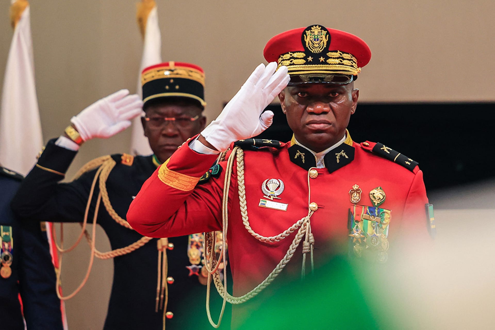 <p>Gabon’s transitional president General Brice Oligui Nguema salutes as he is inaugurated, in Libreville, Gabon on September 4, 2023. </p>
