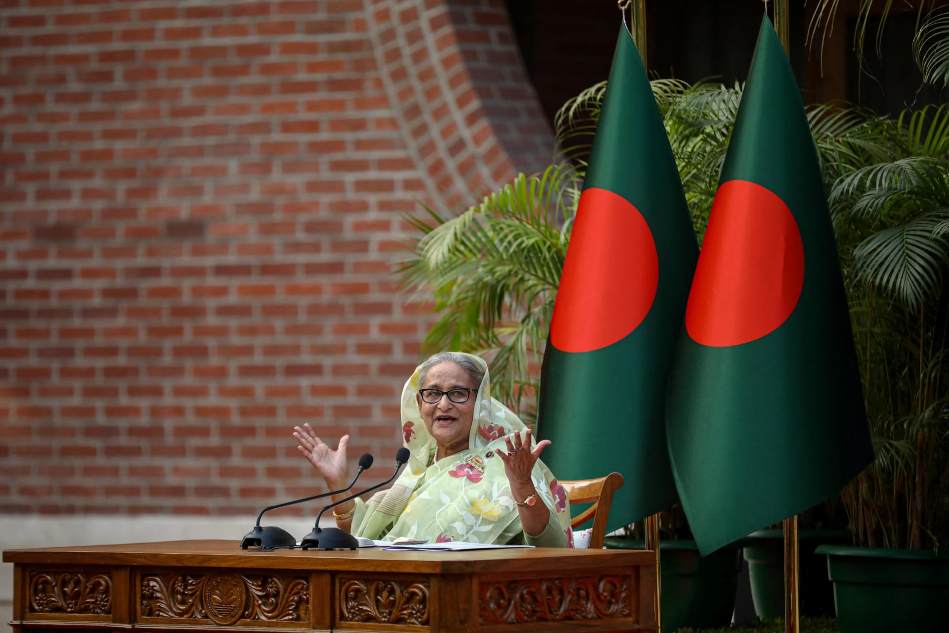 <p>Sheikh Hasina, the newly elected Prime Minister of Bangladesh and Chairperson of Bangladesh Awami League, gestures during a meeting with foreign observers and journalists at the Prime Minister’s residence in Dhaka, Bangladesh, on January 8, 2024.</p>
