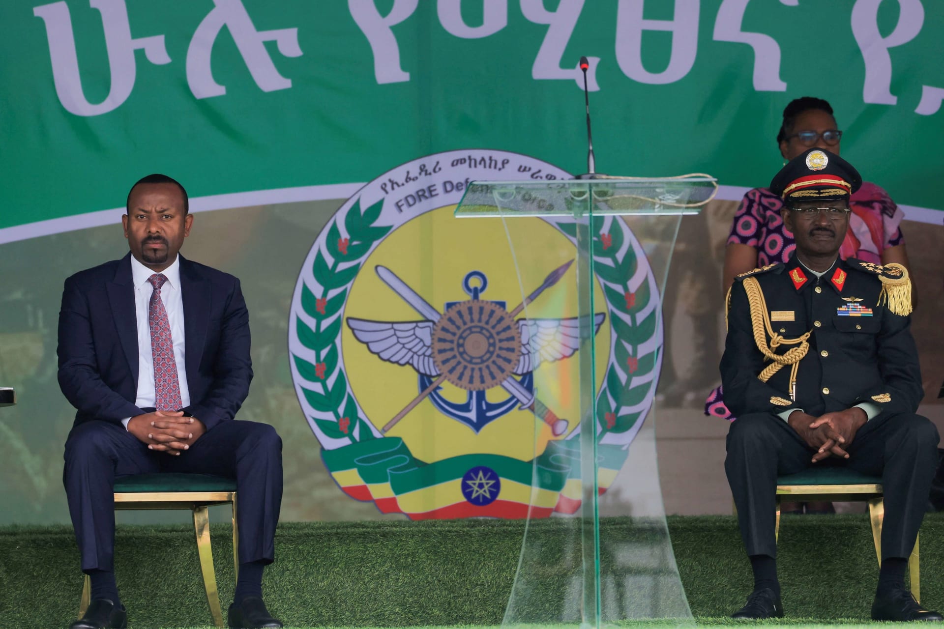 <p>Ethiopia’s Prime Minister Abiy Ahmed and Army Chief of General Staff, Birhanu Jula, watch a military parade during the 116th celebration of the Ethiopian Defense Force in Addis Ababa, Ethiopia on October 26, 2023.</p>
