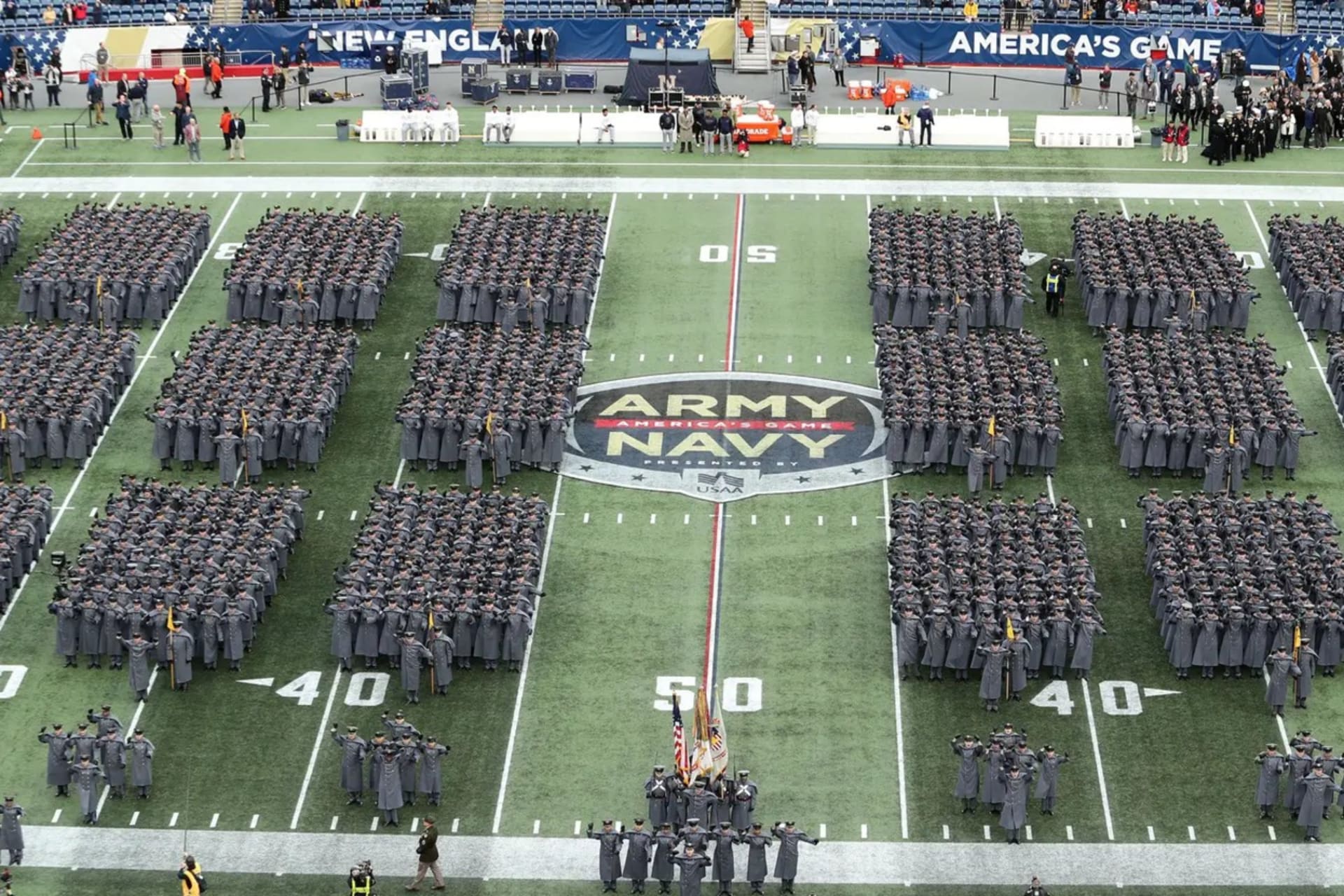 <p>The Corps of Cadets from the U.S. Military Academy at West Point march on to the field before the Army-Navy game at Gillette Stadium, Foxborough, Massachusetts</p>
