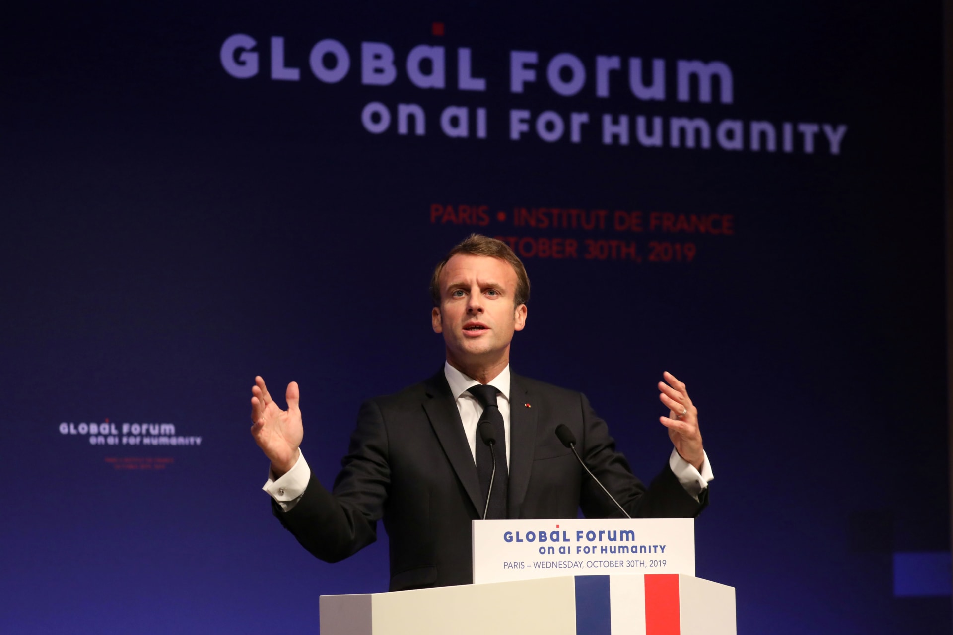 <p>French President Emmanuel Macron delivers a speech during the Global Forum on Artificial Intelligence for Humanity (GFAIH) at the Institut de France in Paris, France on October 30, 2019.</p>
