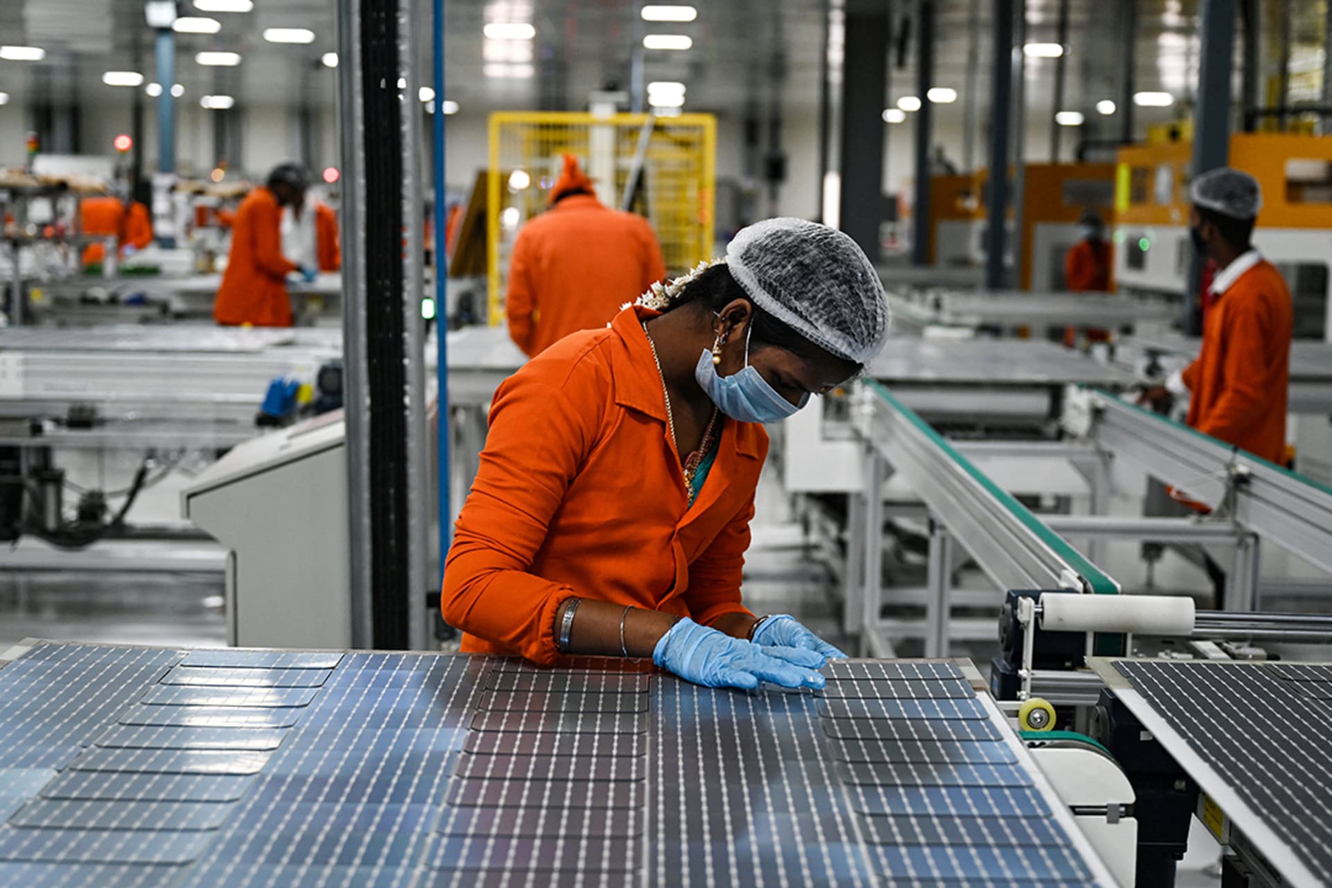 <p>An employee connects solar cells at the Vikram Solar manufacturing plant in Oragadam, in the southern Indian state of Tamil Nadu. Currently, coal powers 70 percent of India’s electricity generation.</p>
