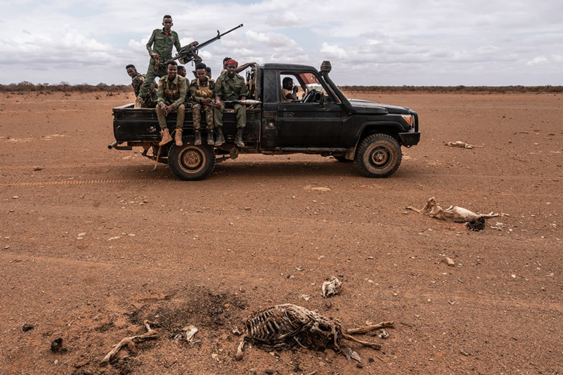 <p>Somali National Army soldiers pass by a group of goat carcasses formerly used for pasture by local herders in the Gedo region of South West Somalia.</p>
