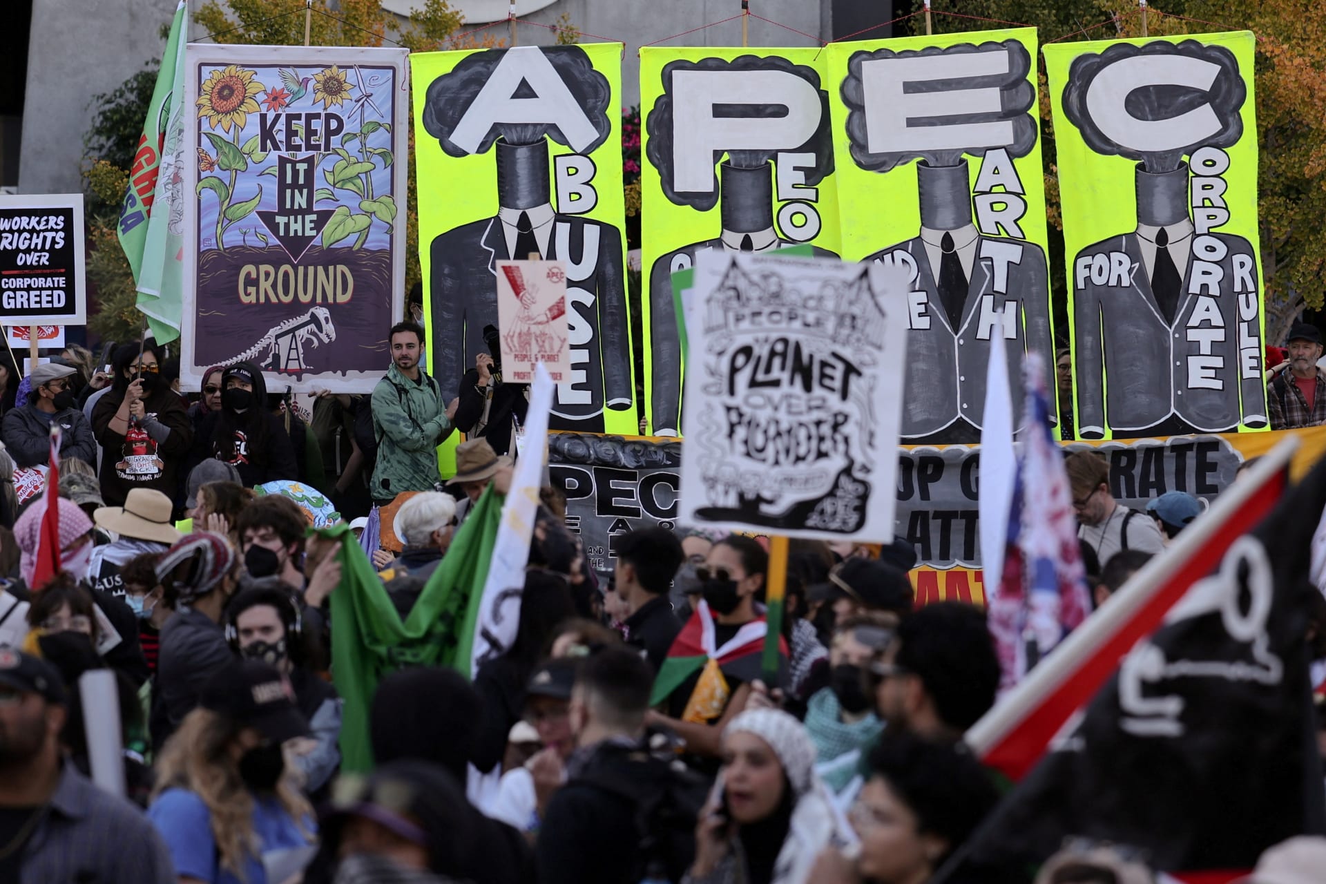 <p>Demonstrators protest the Asia-Pacific Economic Cooperation Summit in San Francisco on November 12, 2023.</p>

