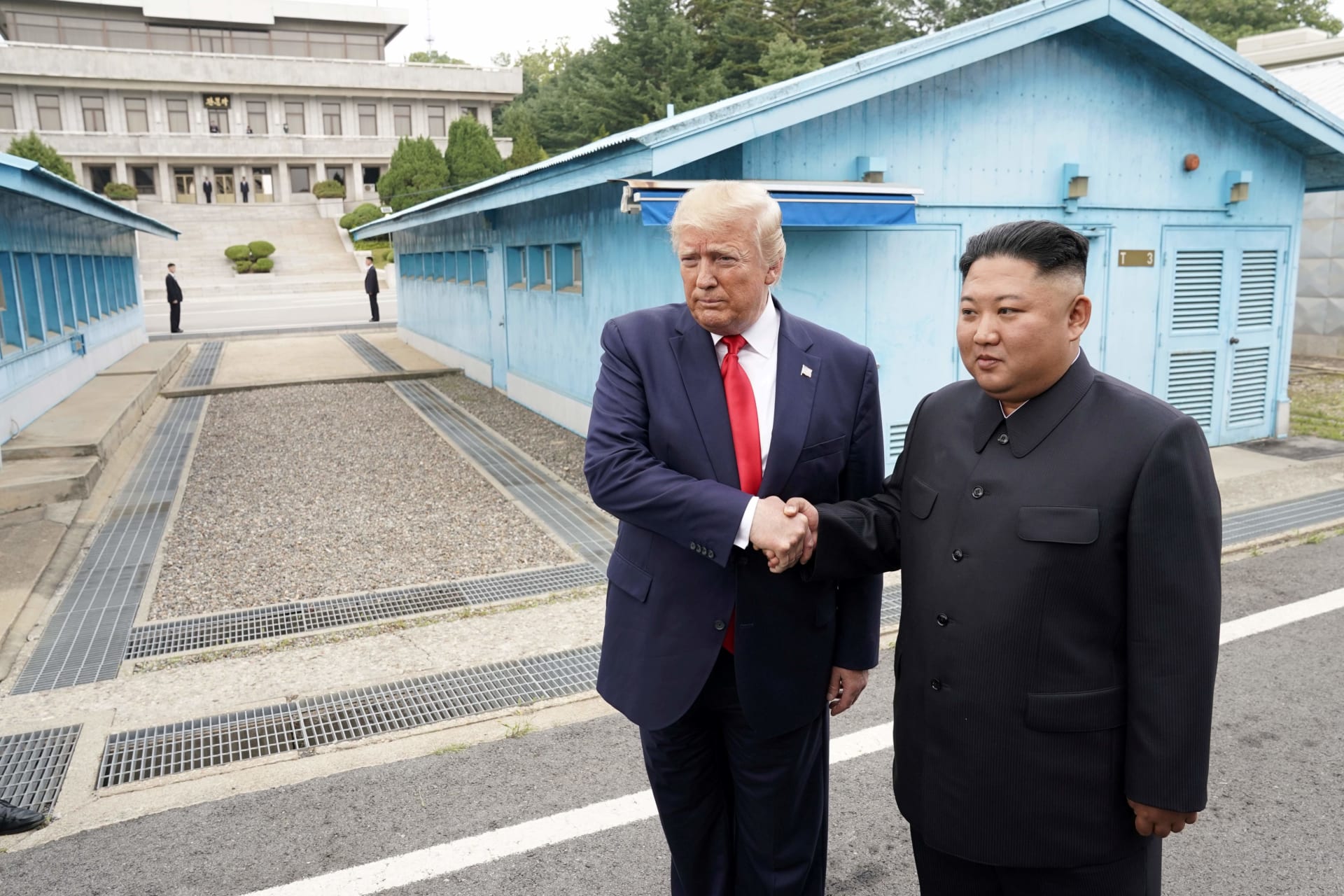 <p>U.S. President Donald Trump meets with North Korean leader Kim Jong Un at the demilitarized zone separating the two Koreas in Panmunjom, South Korea, on June 30, 2019.</p>
