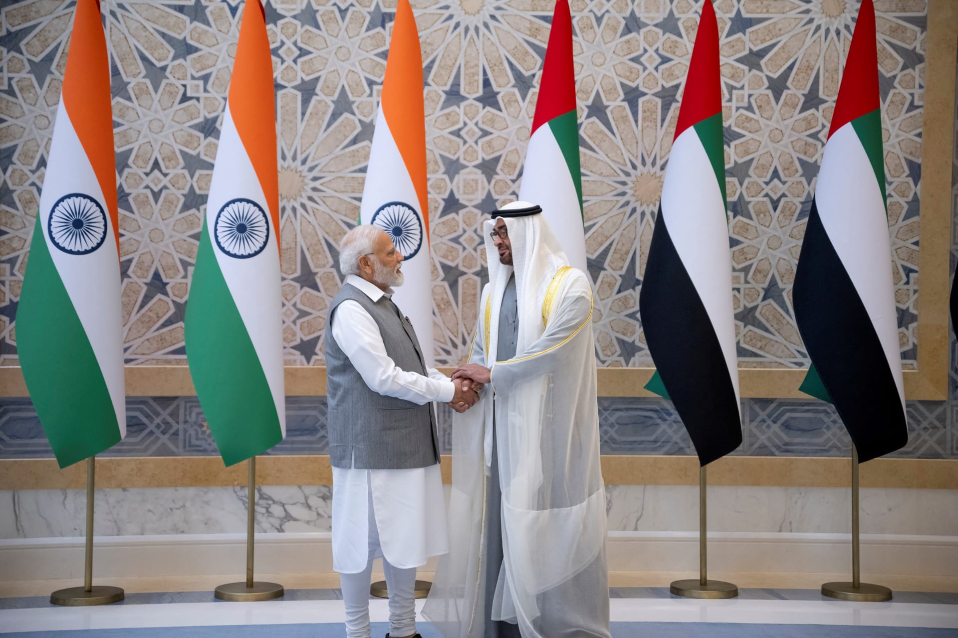 <p>UAE President Sheikh Mohamed bin Zayed Al Nahyan and Indian Prime Minister Narendra Modi pose together for a photograph during an official visit reception in Abu Dhabi on July 15, 2023.</p>
