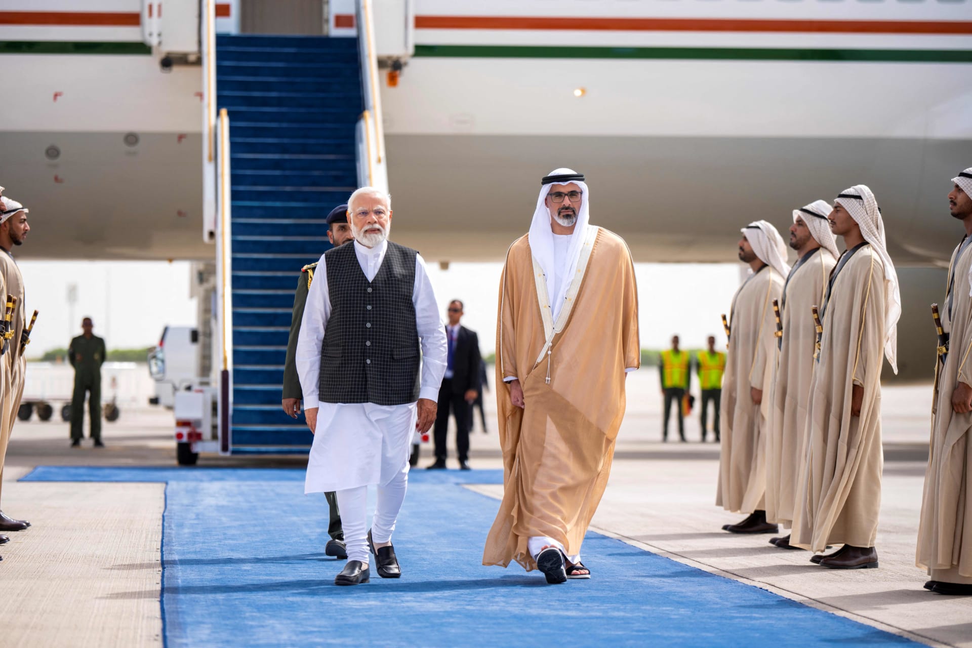 <p>Sheikh Khaled bin Mohamed bin Zayed Al Nahyan, Crown Prince of Abu Dhabi, walks with Indian Prime Minister Narendra Modi during his official visit to Abu Dhabi on July 15, 2023.</p>
