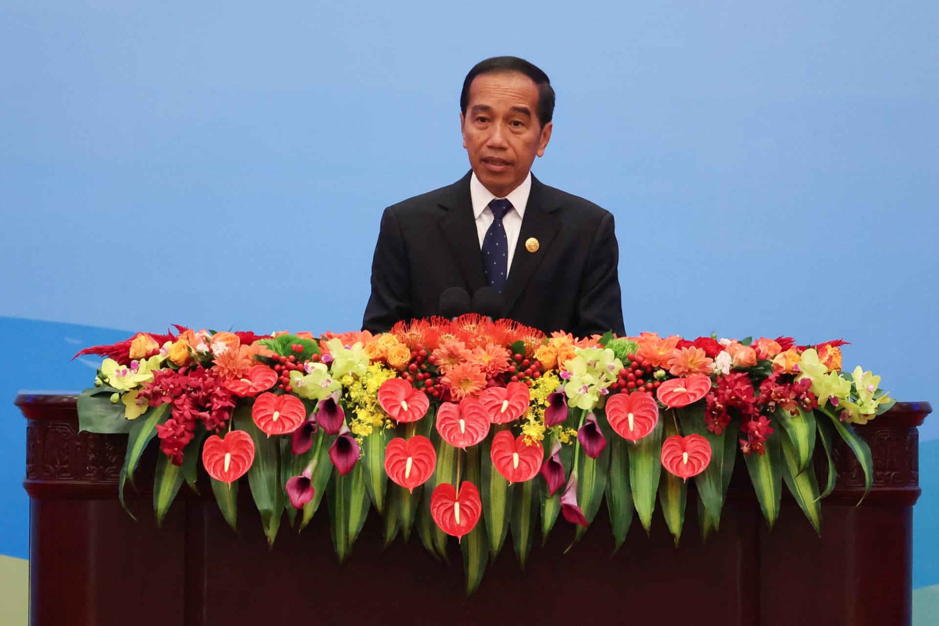 <p>Indonesian President Joko Widodo speaks at the opening ceremony of the Belt and Road Forum (BRF), to mark the 10th anniversary of the Belt and Road Initiative at the Great Hall of the People in Beijing on October 18, 2023.</p>
