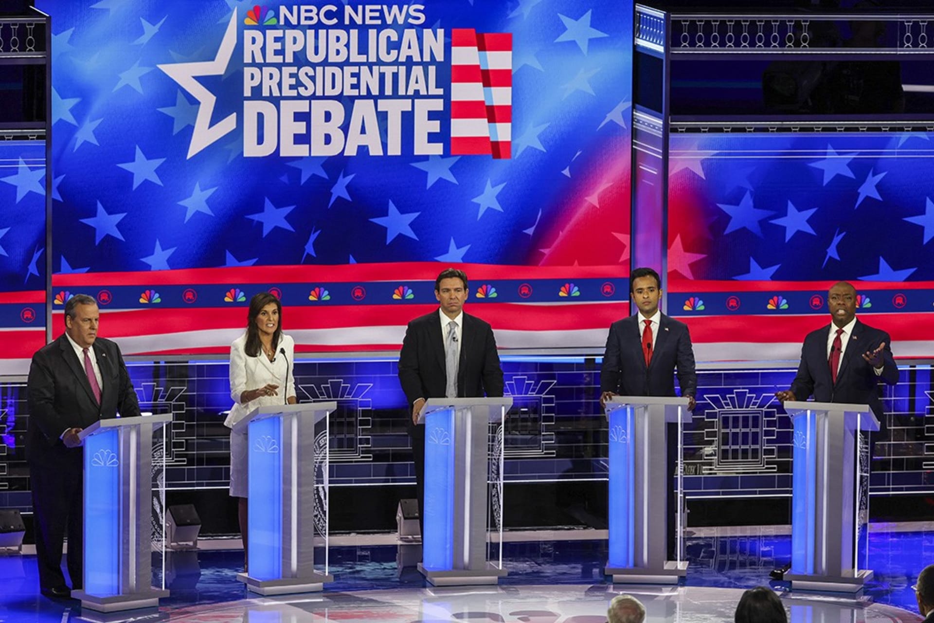 <p>Republican presidential candidates debate Trump, abortion, and foreign policy in Miami, Florida, on November 8, 2023. </p>
