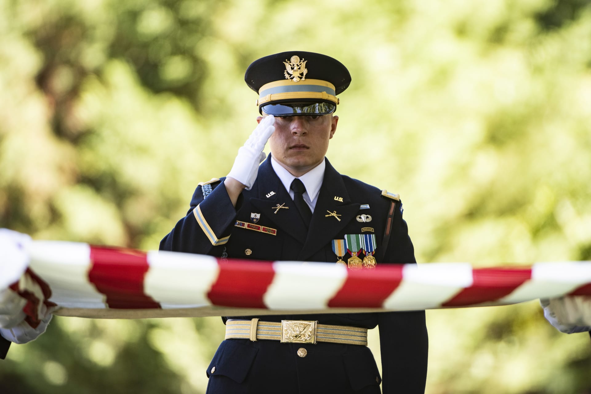 <p>A soldier assigned to the 3rd U.S. Infantry Regiment, known as “The Old Guard,” participates in a military funeral at Arlington National Cemetery on September 13, 2023.</p>
