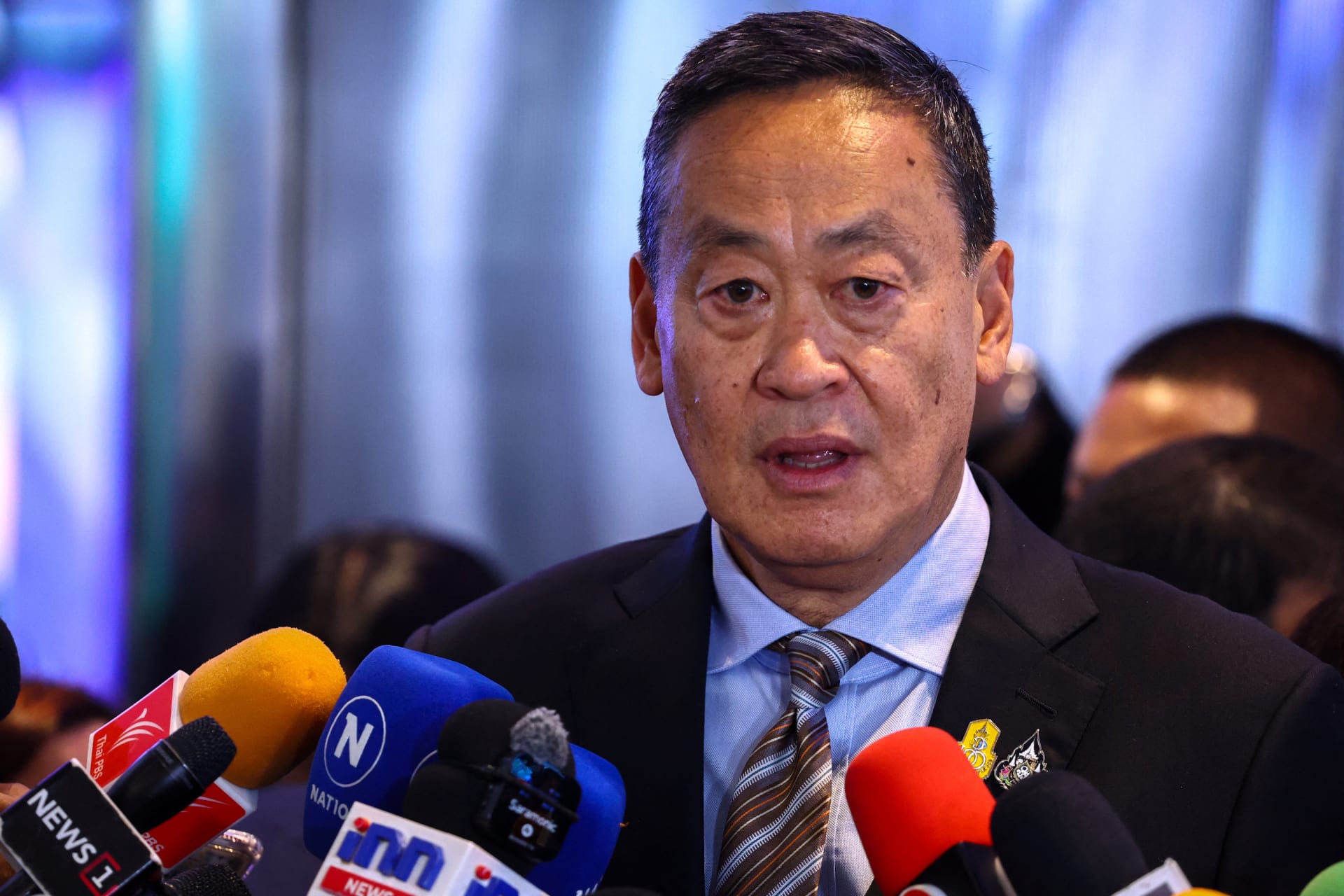 <p>Thailand’s Prime Minister Srettha Thavisin speaks to members of media inside the luxury Siam Paragon shopping mall in Bangkok, Thailand, on October 4, 2023.</p>