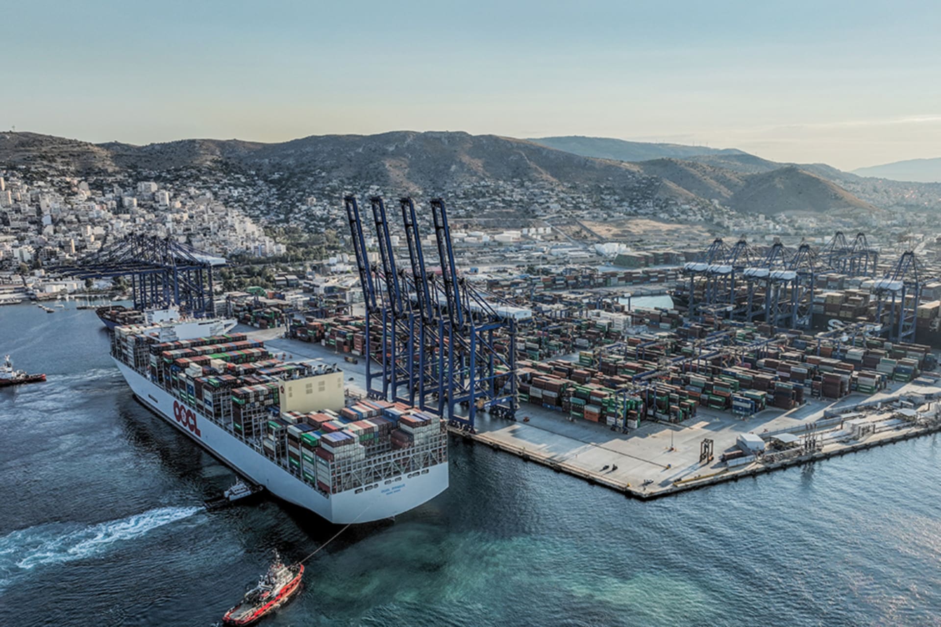 <p>The new container ship, OOCL Piraeus, docks at the Port of Piraeus in Greece in 2023.</p>
