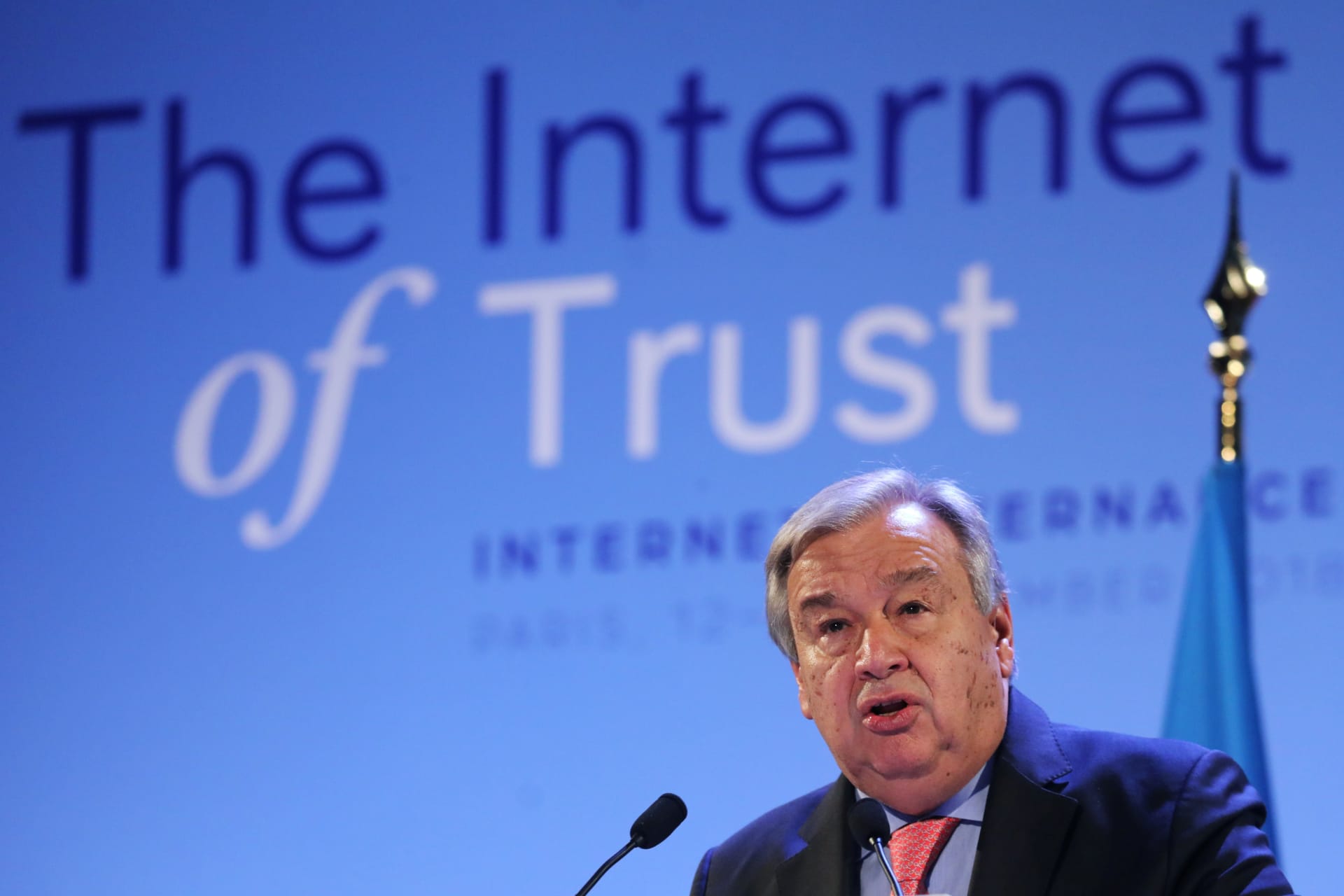 <p>UN Secretary-General António Guterres delivers a speech during the opening session of the Internet Governance Forum (IGF) at the UNESCO headquarters in Paris, France on November 12, 2018.</p>
