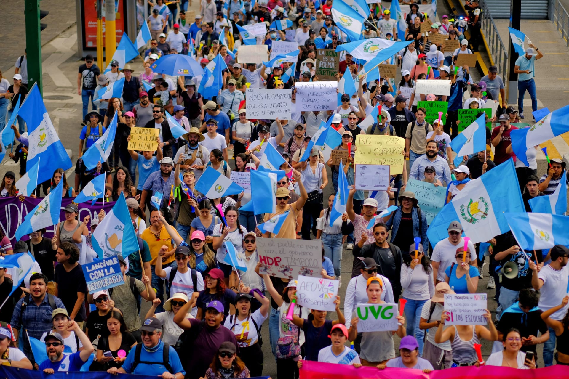 <p>Guatemalan citizens participate in a national protest to demand the resignation of senior prosecutors accused of attempting to undermine President-elect Bernardo Arévalo’s ability to take office.</p>
