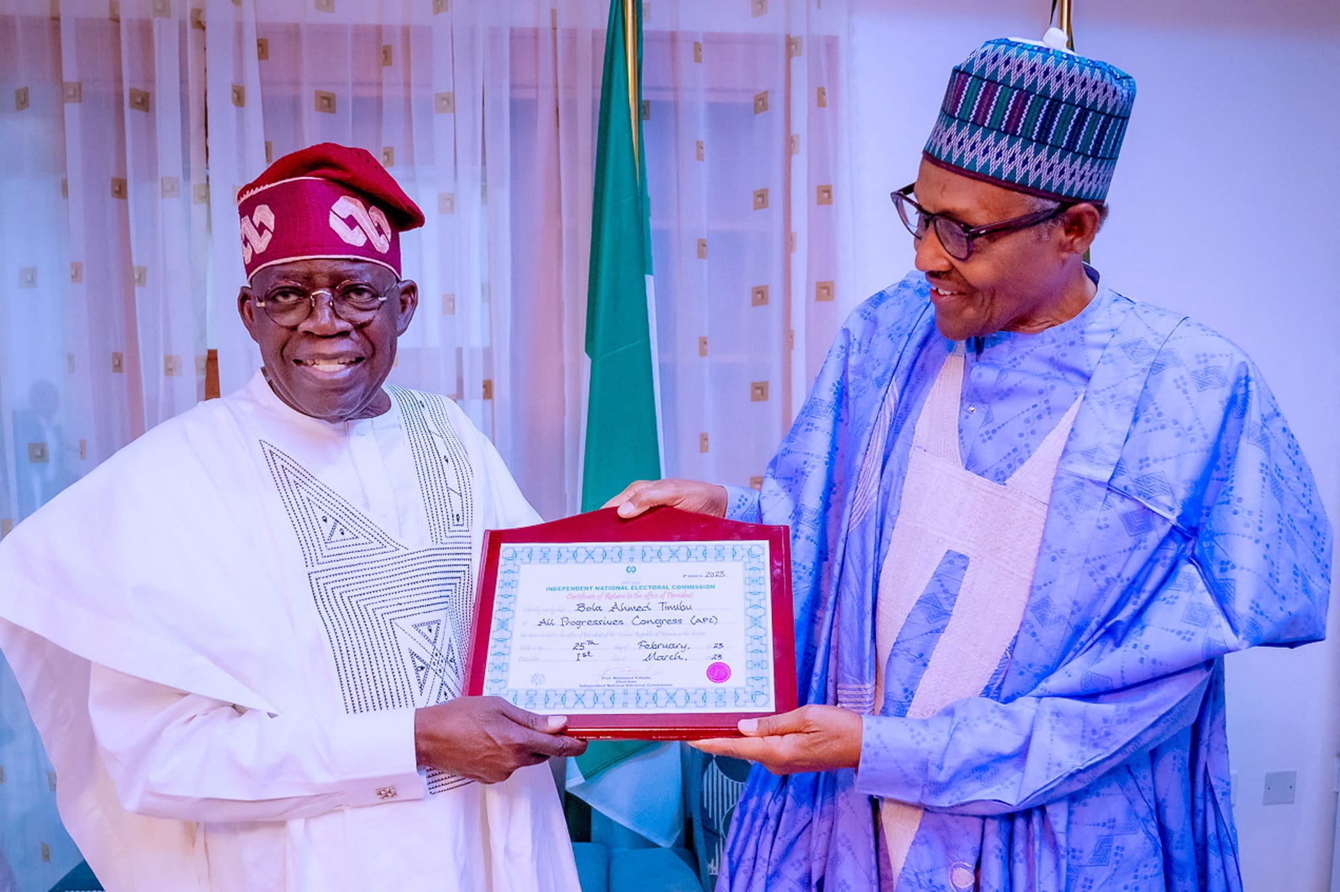 <p>Former Nigerian President Muhammadu Buhari and Nigeria’s newly declared winner of 2023 presidential election, Bola Tinubu pose for photograph in Daura, Nigeria on March 1, 2023..</p>
