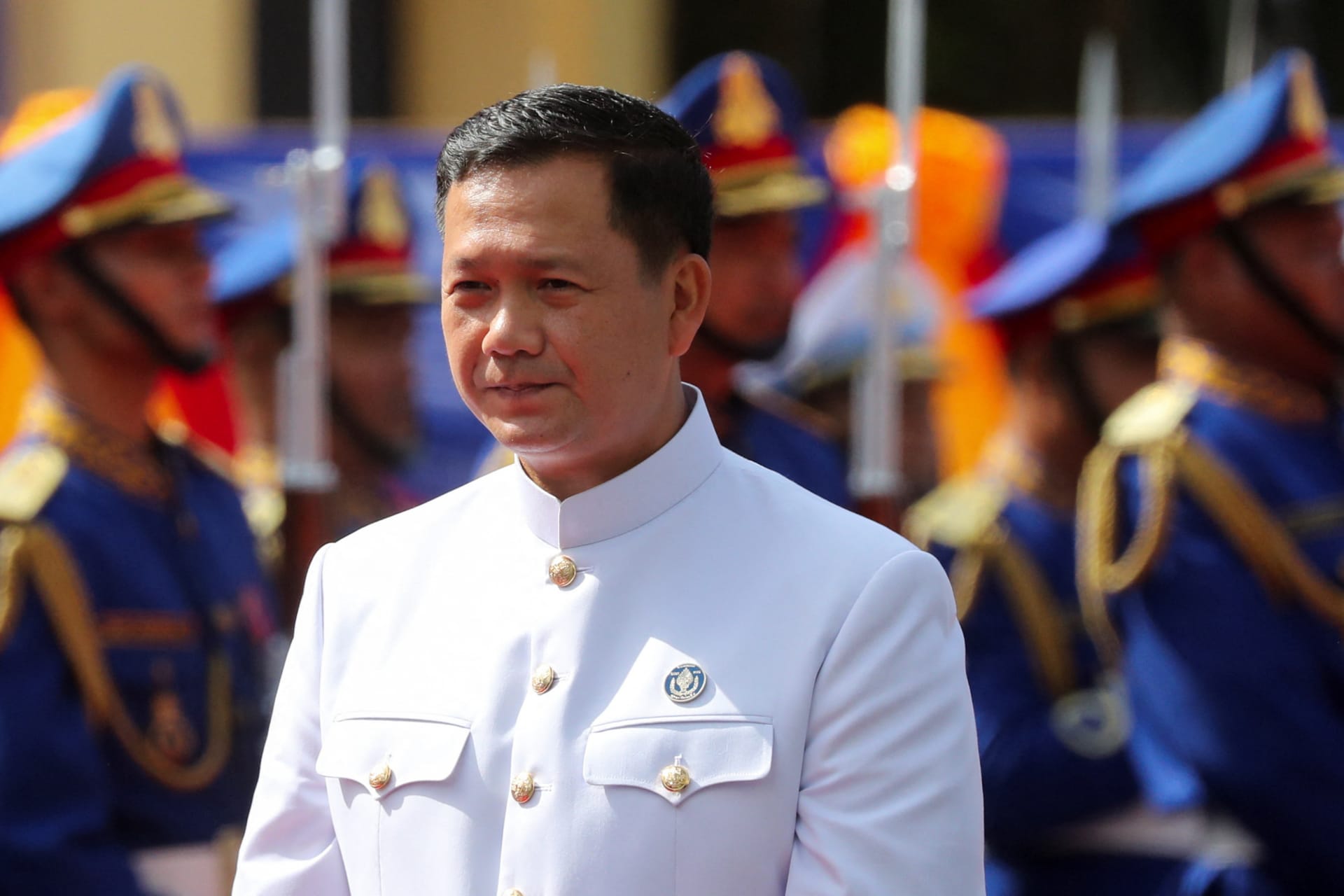 <p>Hun Manet stands outside the National Assembly on the day of the first session of the 7th National Assembly after the general election in Phnom Penh, Cambodia, on August 21, 2023.</p>
