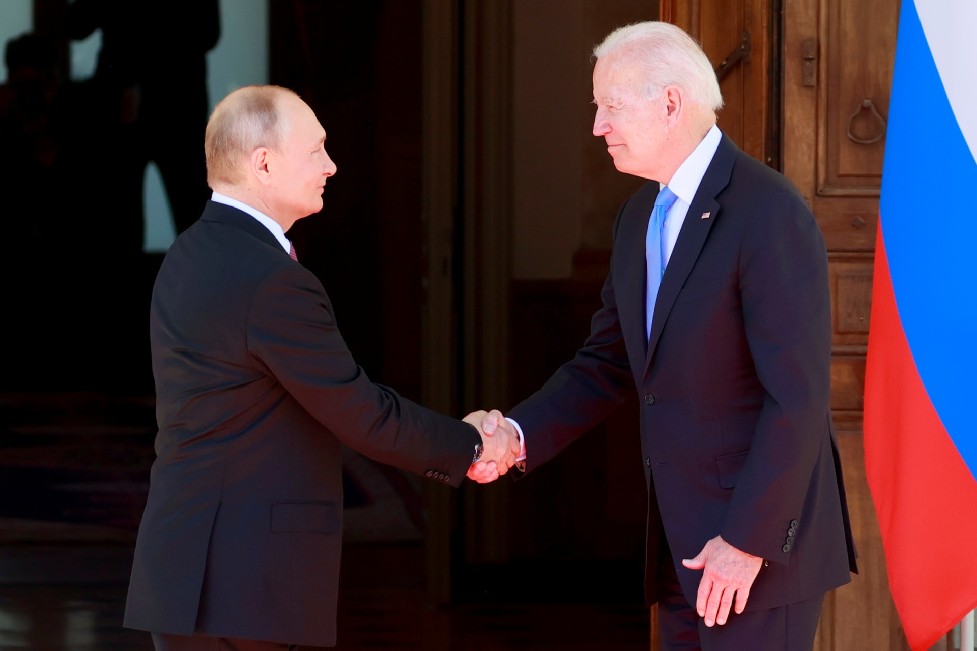 <p>U.S. President Joe Biden and Russian President Vladimir Putin shake hands during the U.S.-Russia summit at Villa La Grange in Geneva, Switzerland, on June 16, 2021.</p>
