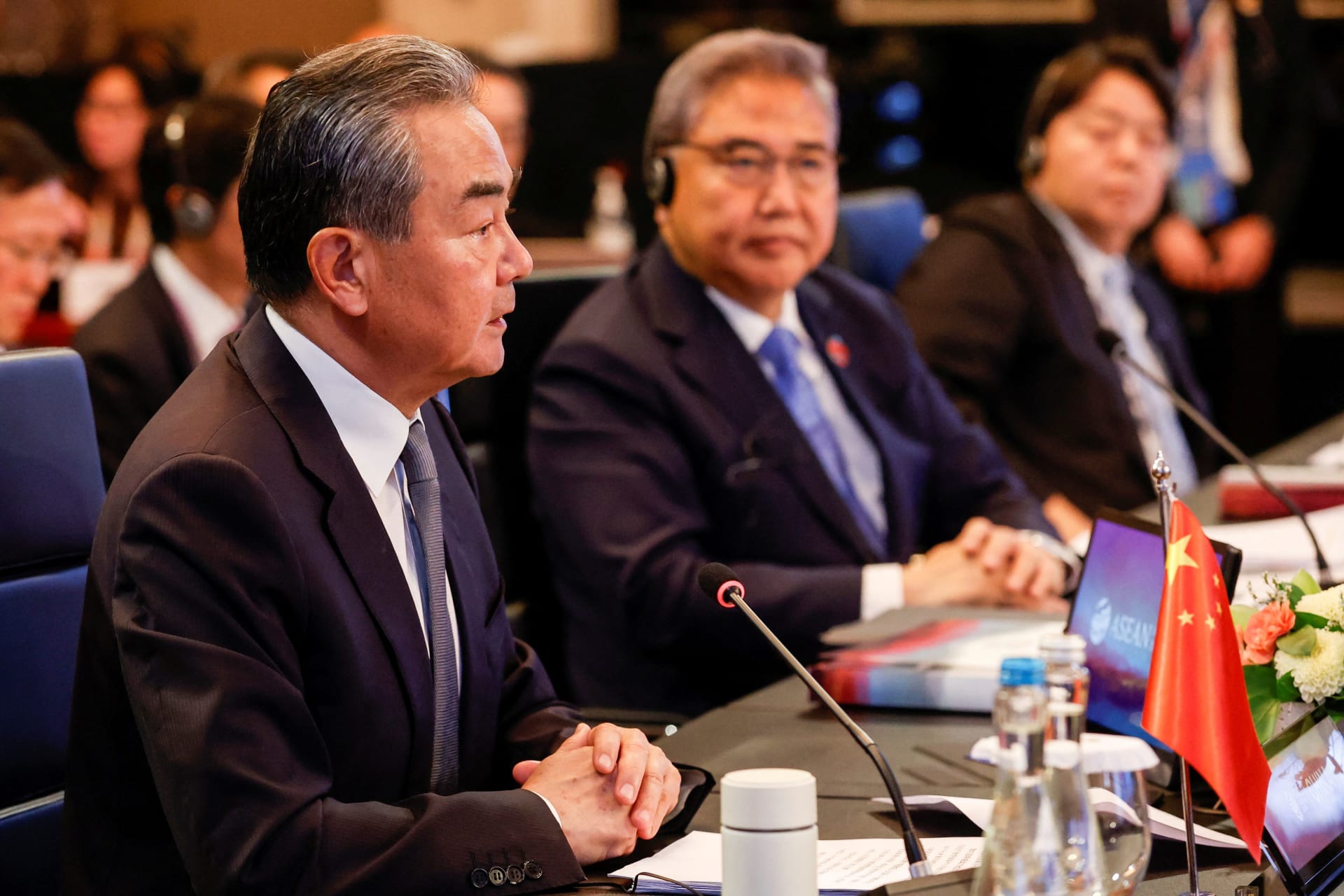 <p>Chinese Communist Party’s foreign policy chief Wang Yi, South Korean Foreign Minister Park Jin, and Japanese Foreign Minister Yoshimasa Hayashi attend the ASEAN Plus Three Foreign Ministers’ Meeting in Jakarta, Indonesia, on July 13, 2023.</p>
