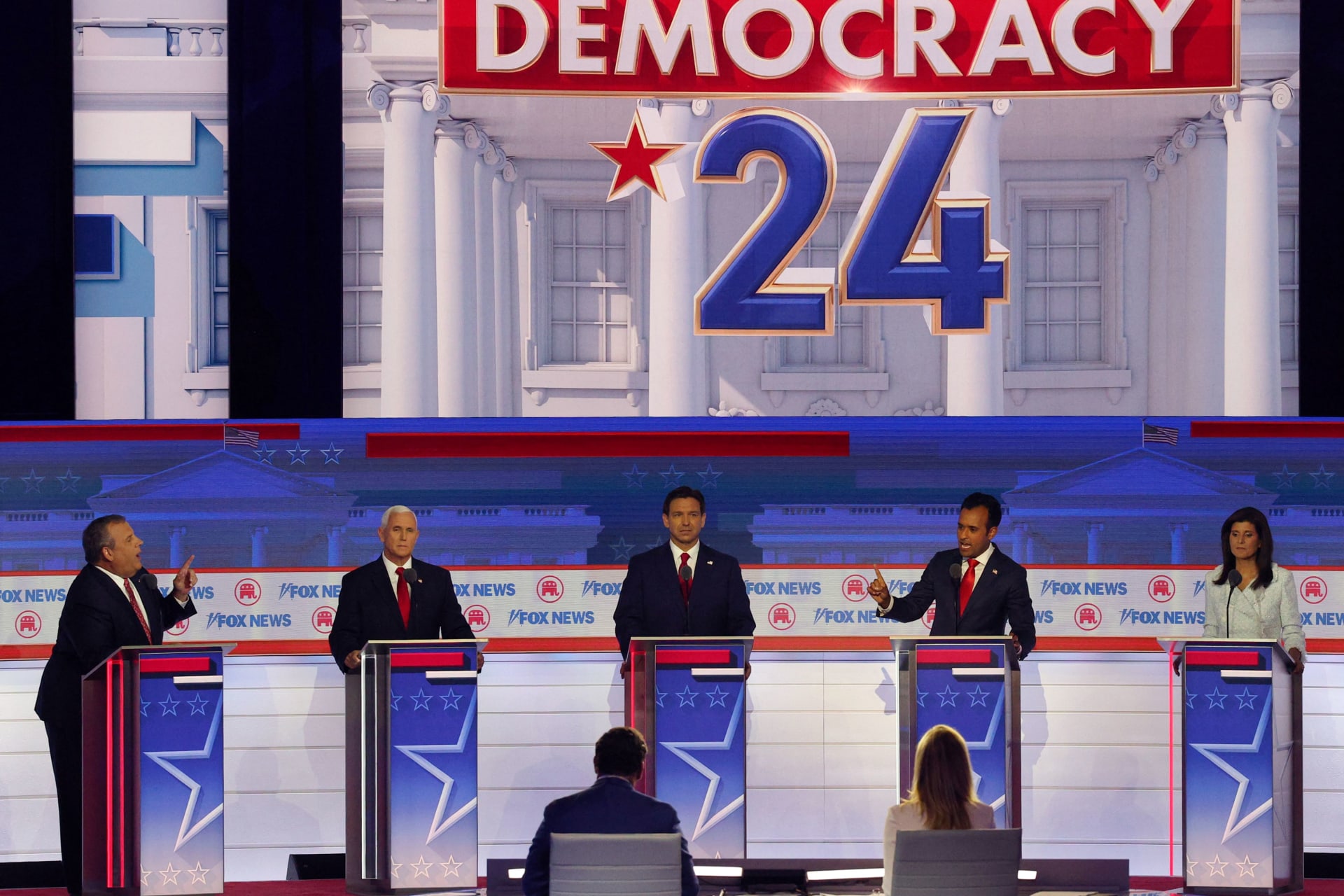 <p>Republican presidential candidates Chris Christie, Vivek Ramaswamy, Mike Pence, Ron DeSantis, and Nikki Haley participate in the first Republican presidential debate on August 23 in Milwaukee.</p>
