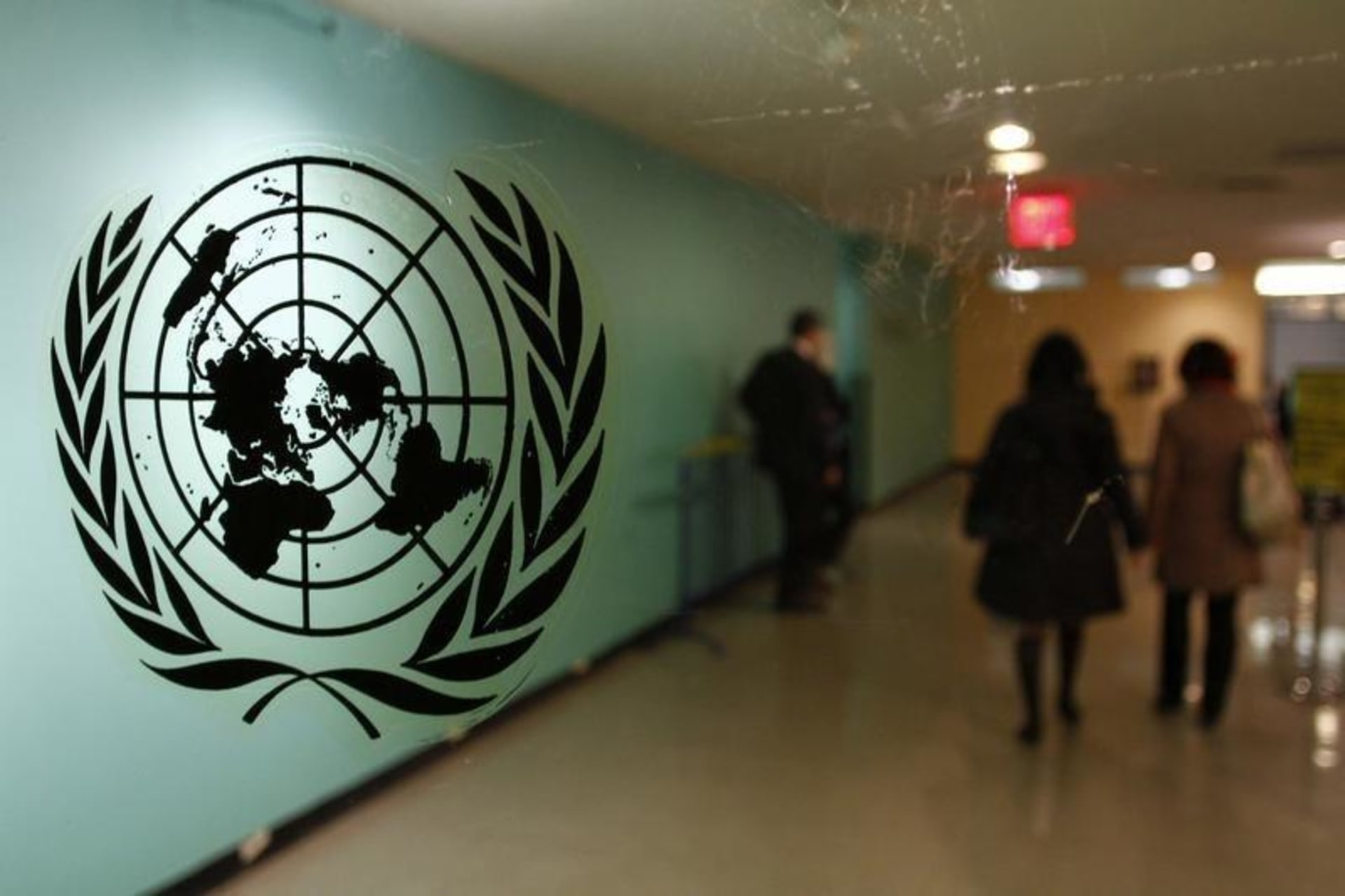 <p>The United Nations logo is displayed at the UN headquarters in New York.</p>
