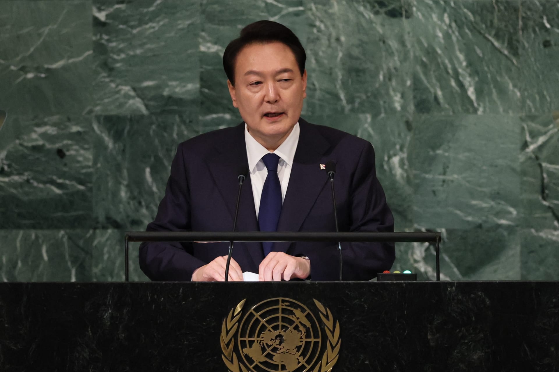 <p>South Korea’s President Yoon Suk Yeol addresses the 77th Session of the United Nations General Assembly at the UN Headquarters in New York City on September 20, 2022.</p>
