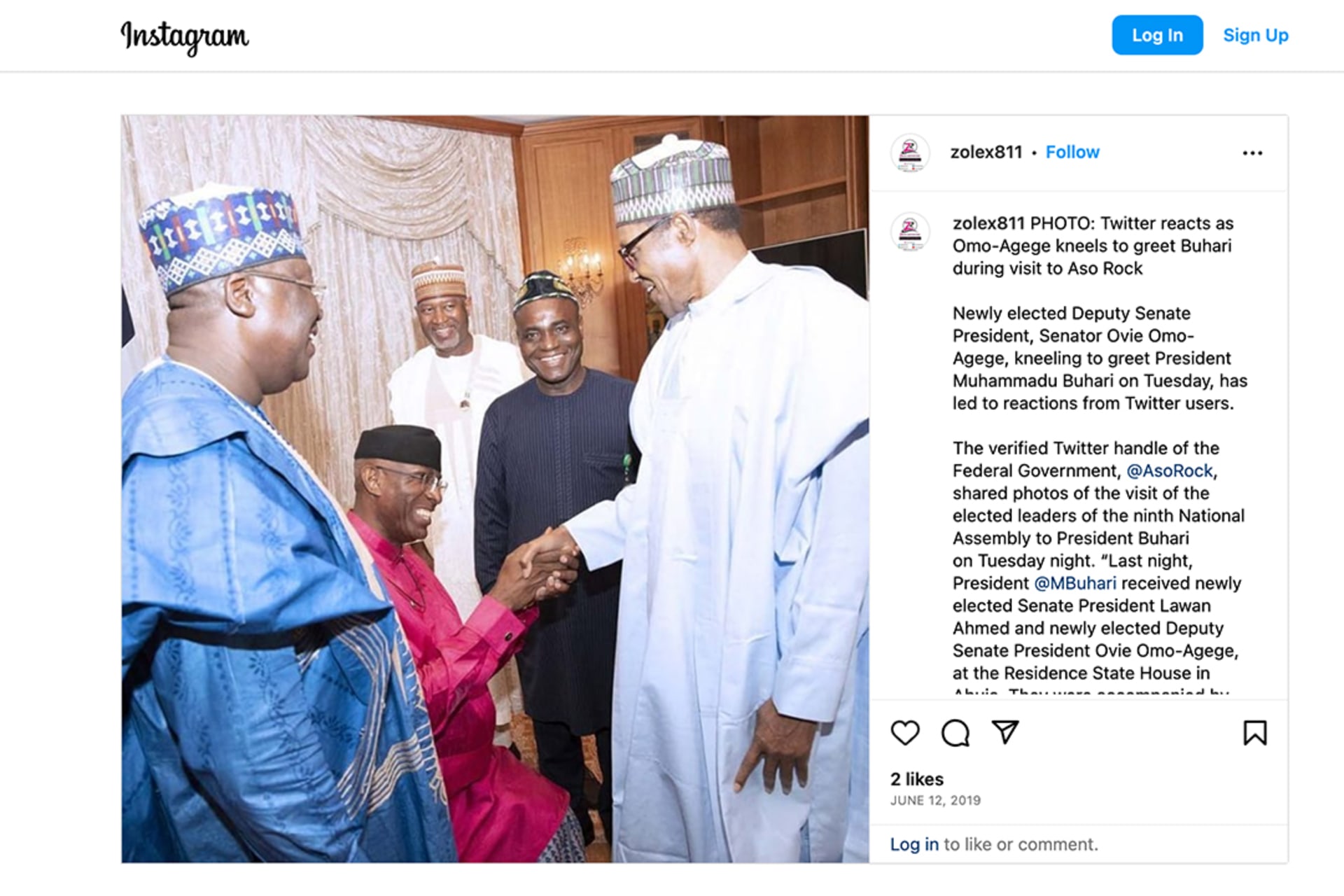 <p>Former Deputy President of the Senate of Nigeria kneeling to greet former President Muhammad Buhari</p>
