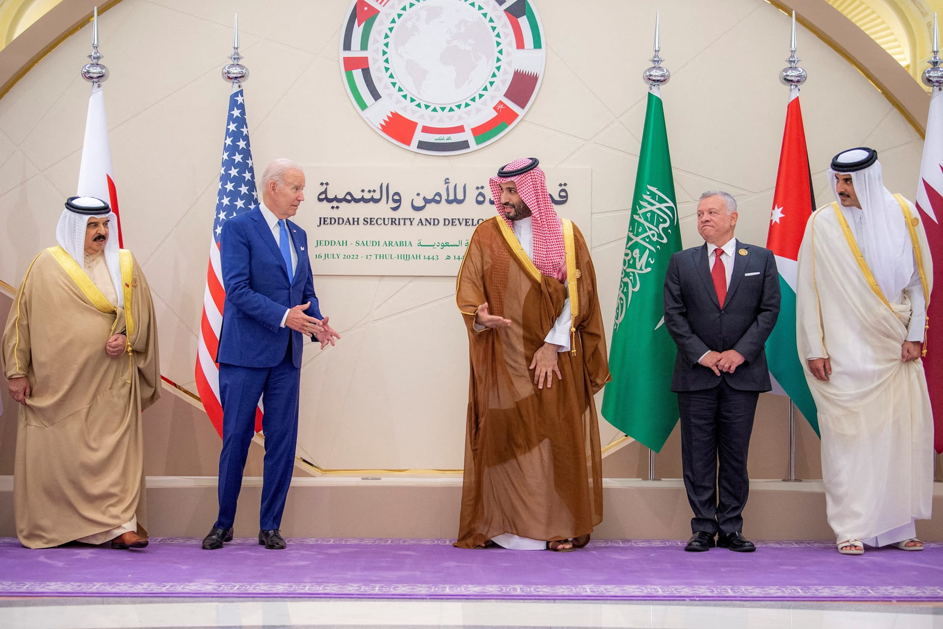 <p>Saudi Crown Prince Mohammed bin Salman and U.S. President Joe Biden meet ahead of the Jeddah Security and  Development Summit in Jeddah, Saudi Arabia, on July 16, 2022.</p>
