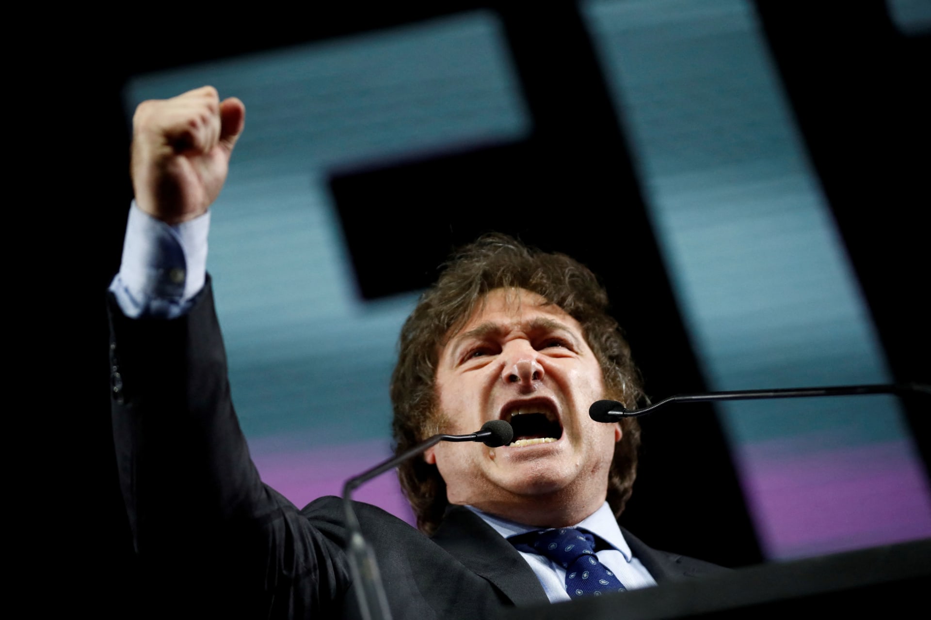 <p>Argentine Presidential Candidate Javier Milei speaks at campaign event in Buenos Aires.</p>
