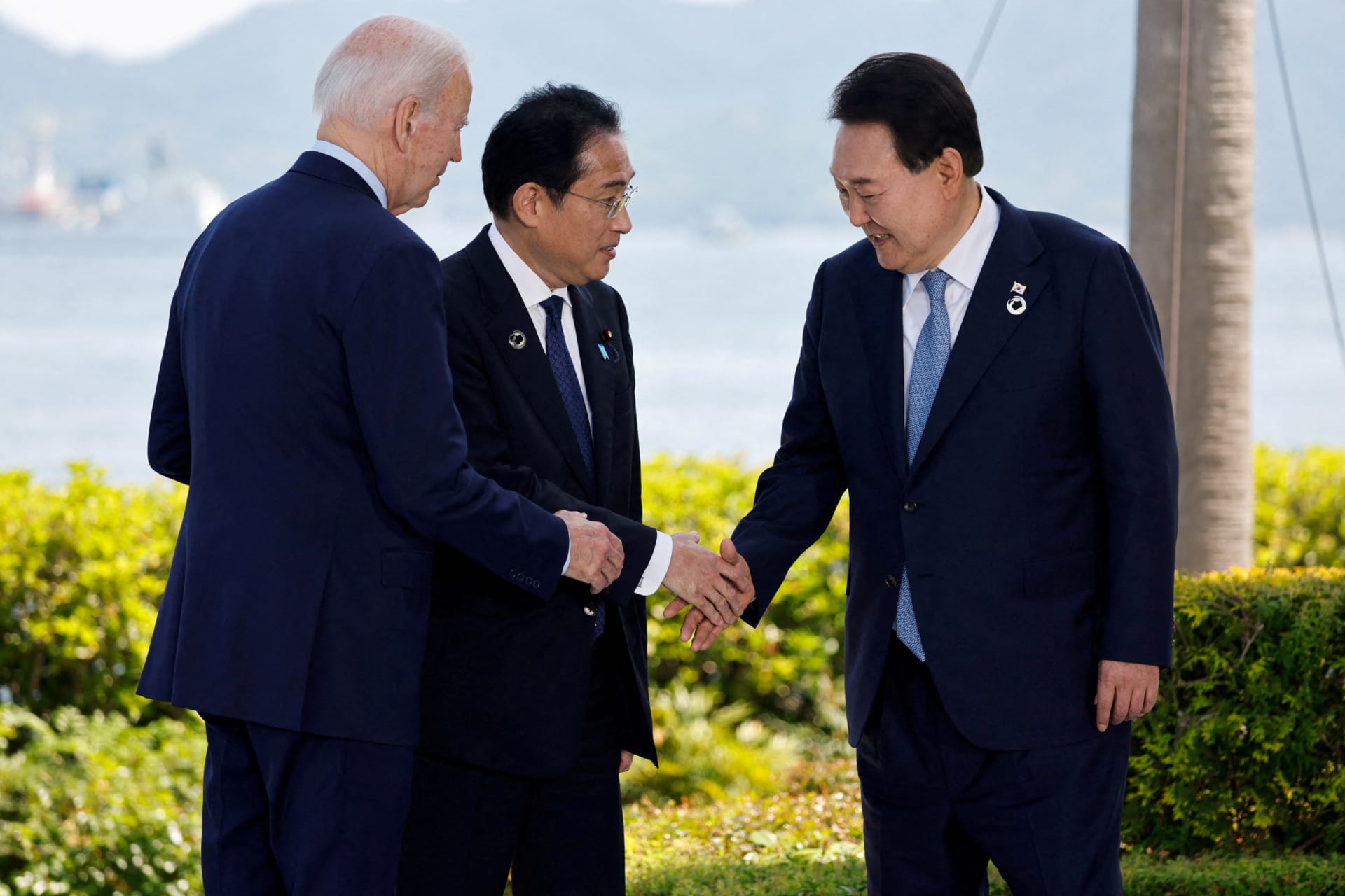 <p>U.S. President Joe Biden, Japan’s Prime Minister Fumio Kishida, and South Korea’s President Yoon Suk Yeol on the day of trilateral engagement during the G7 Summit in Hiroshima, Japan, on May 21, 2023.</p>
