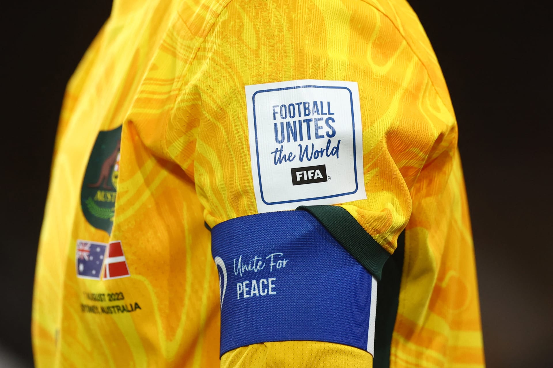 <p>Soccer Football – FIFA Women’s World Cup Australia and New Zealand 2023 – Round of 16 – Australia v Denmark – Stadium Australia, Sydney, Australia – August 7, 2023 General view of messages displayed on the shirt and captains armband of Australia’s Steph C</p>
