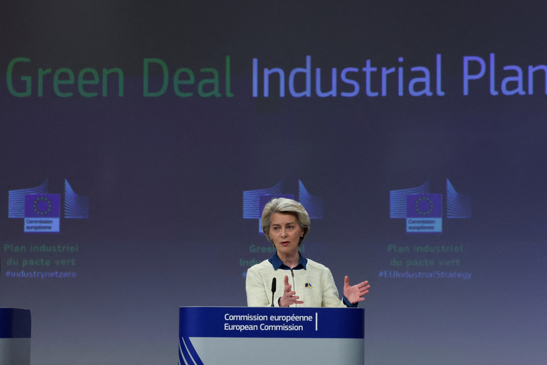 <p>European Commission President Ursula presents a “communication” detailing the EU’s “Green Deal Industrial Plan” in Brussels, Belgium</p>
