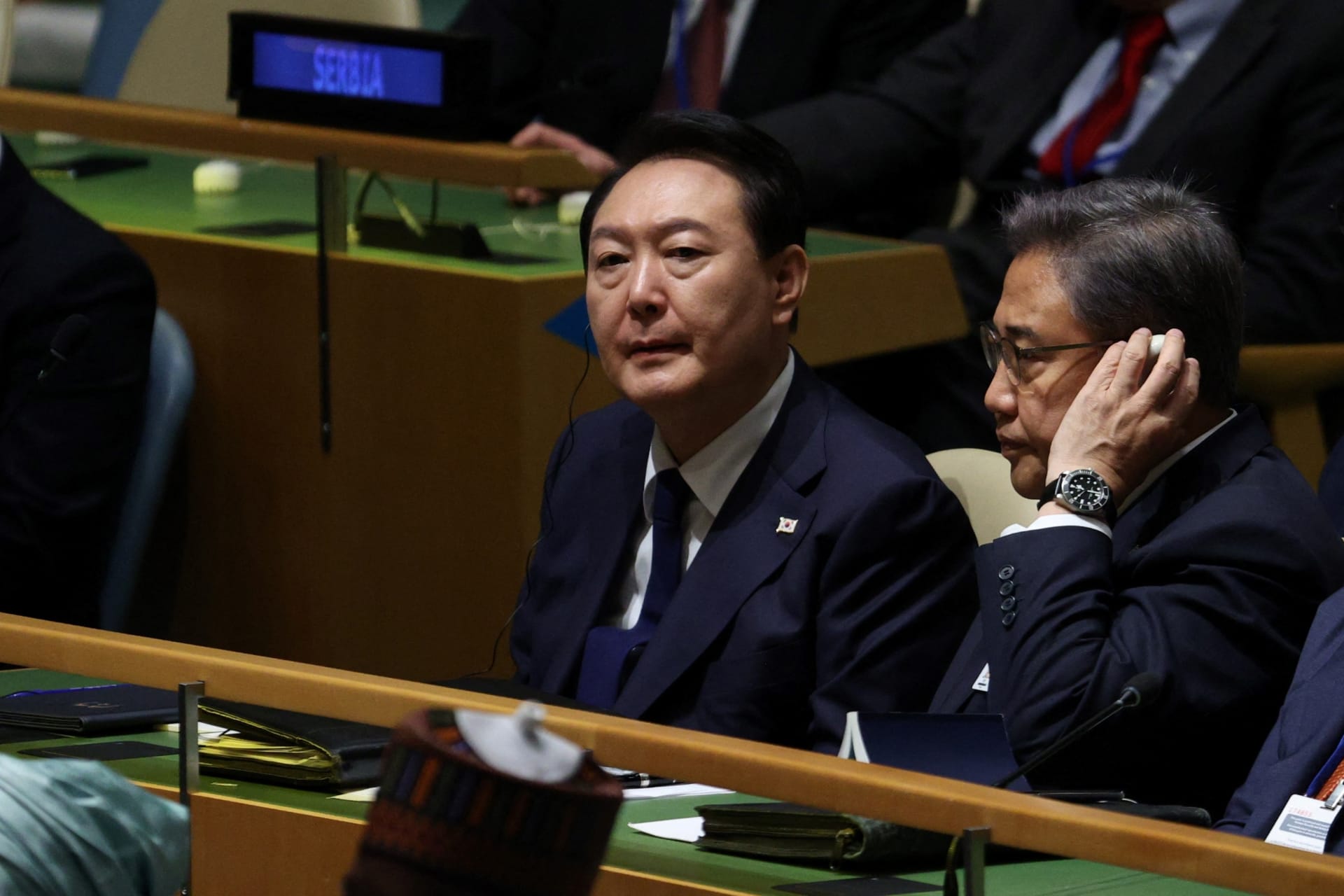 <p>South Korean President Yoon Suk Yeol and Foreign Minister Park Jin listen to leaders’ speeches during the first day of the 77th Session of the United Nations General Assembly on September 20, 2022.</p>

