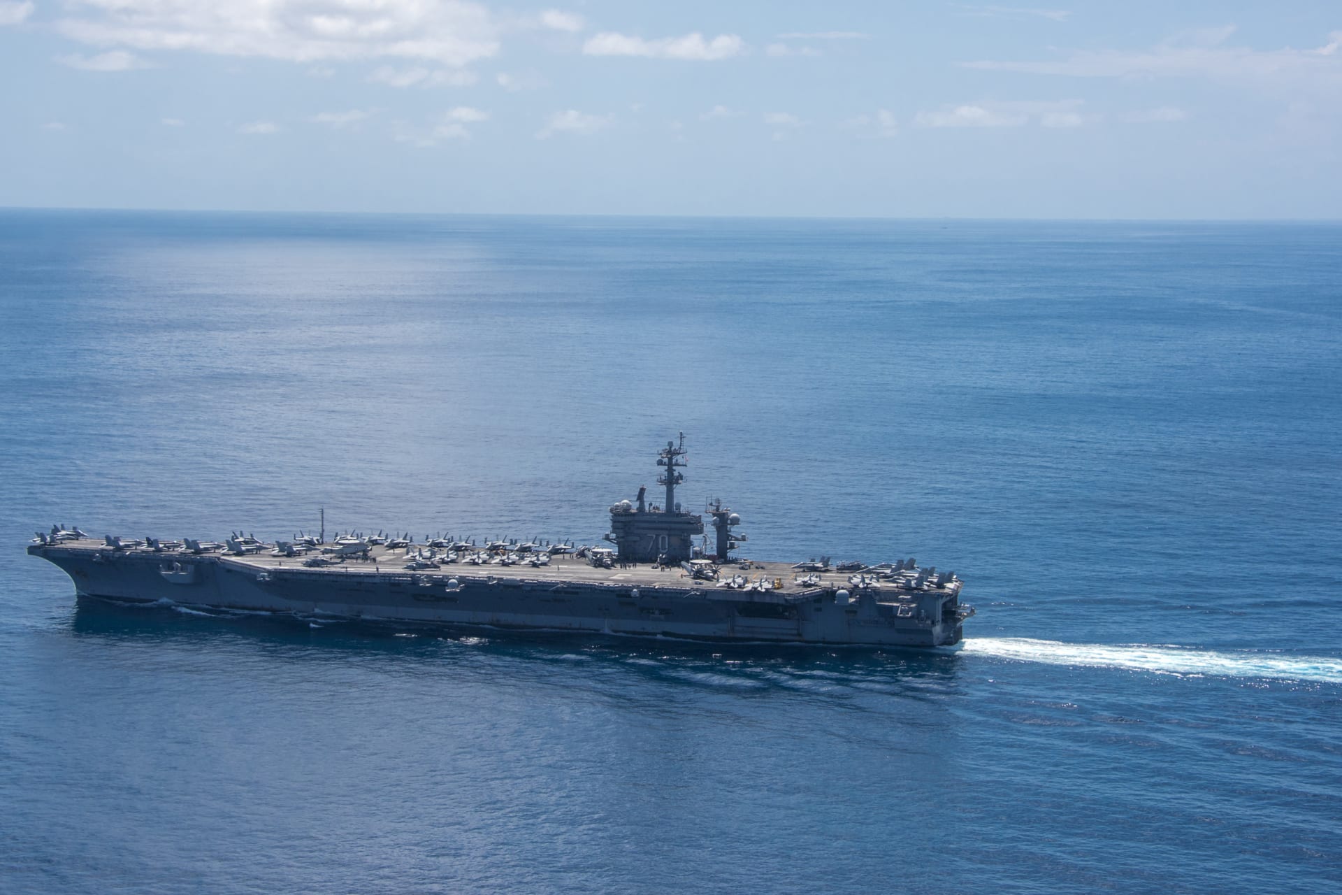 <p>U.S. aircraft carrier USS Carl Vinson transits the Indian Ocean.</p>
