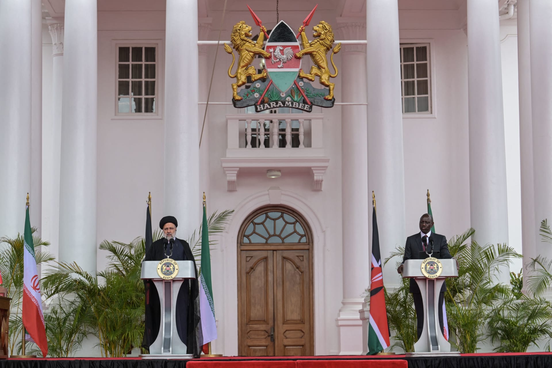 <p>Iranian President Ebrahim Raisi attends a press conference alongside Kenyan President William Ruto at the State House in Nairobi, Kenya on July 12, 2023.</p>
