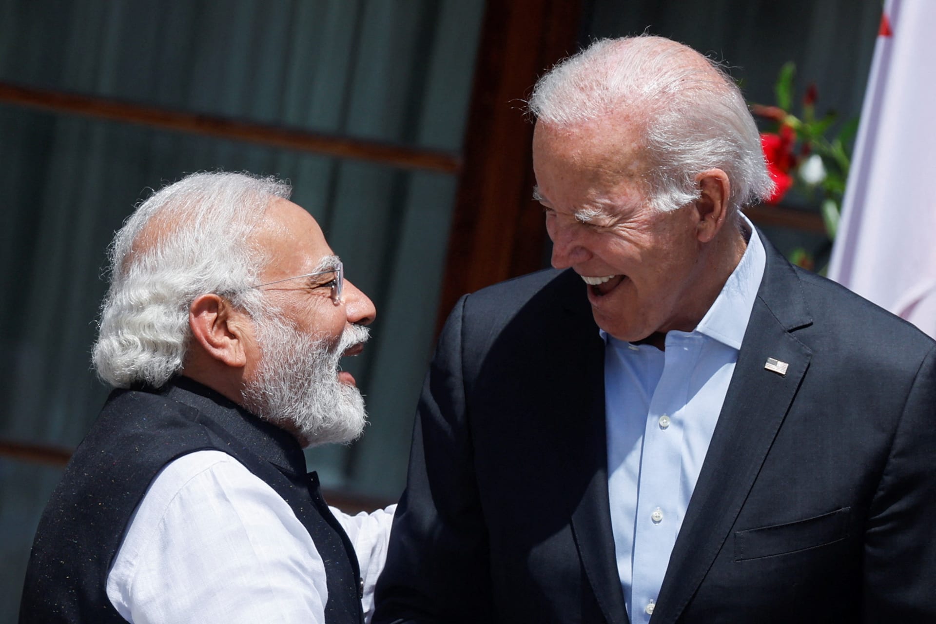 <p>U.S. President Joe Biden and India’s Prime Minister Narendra Modi laugh as they speak in front of Schloss Elmau castle in the Bavarian Alps on June 27, 2022.</p>
