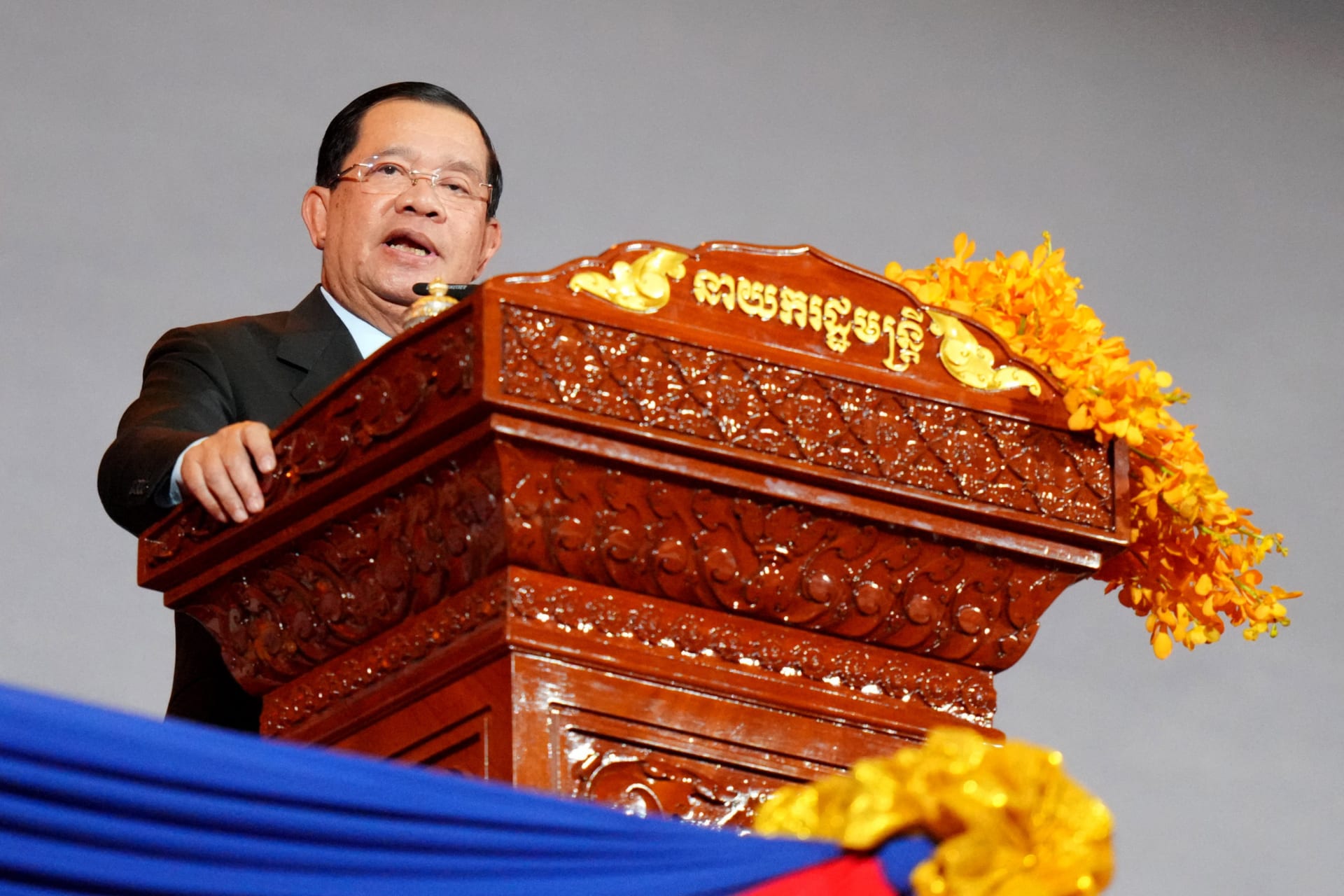 <p>Cambodian Prime Minister Hun Sen speaks during the closing ceremony of the Southeast Asian Games in Phnom Penh, Cambodia, on May 17, 2023.</p>
