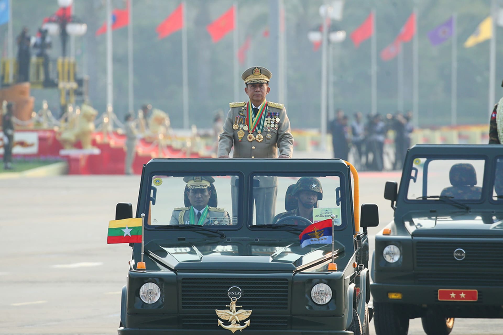 <p>Commander-in-Chief of Defence Services Senior General Min Aung Hlaing attends a military parade to mark the 78th Armed Forces Day in Nay Pyi Taw, Myanmar, on March 27, 2023. </p>
