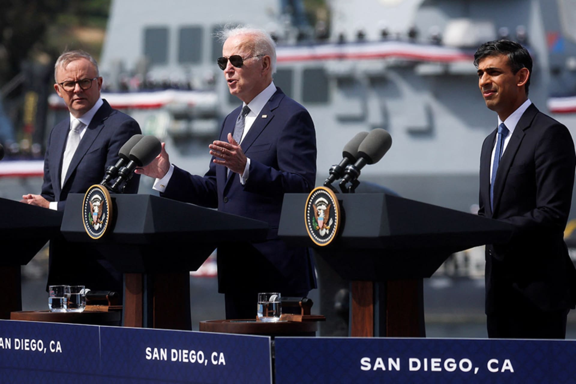 <p>U.S. President Joe Biden, Australian Prime Minister Anthony Albanese, and British Prime Minister Rishi Sunak deliver remarks after a trilateral meeting in San Diego, CA.</p>
