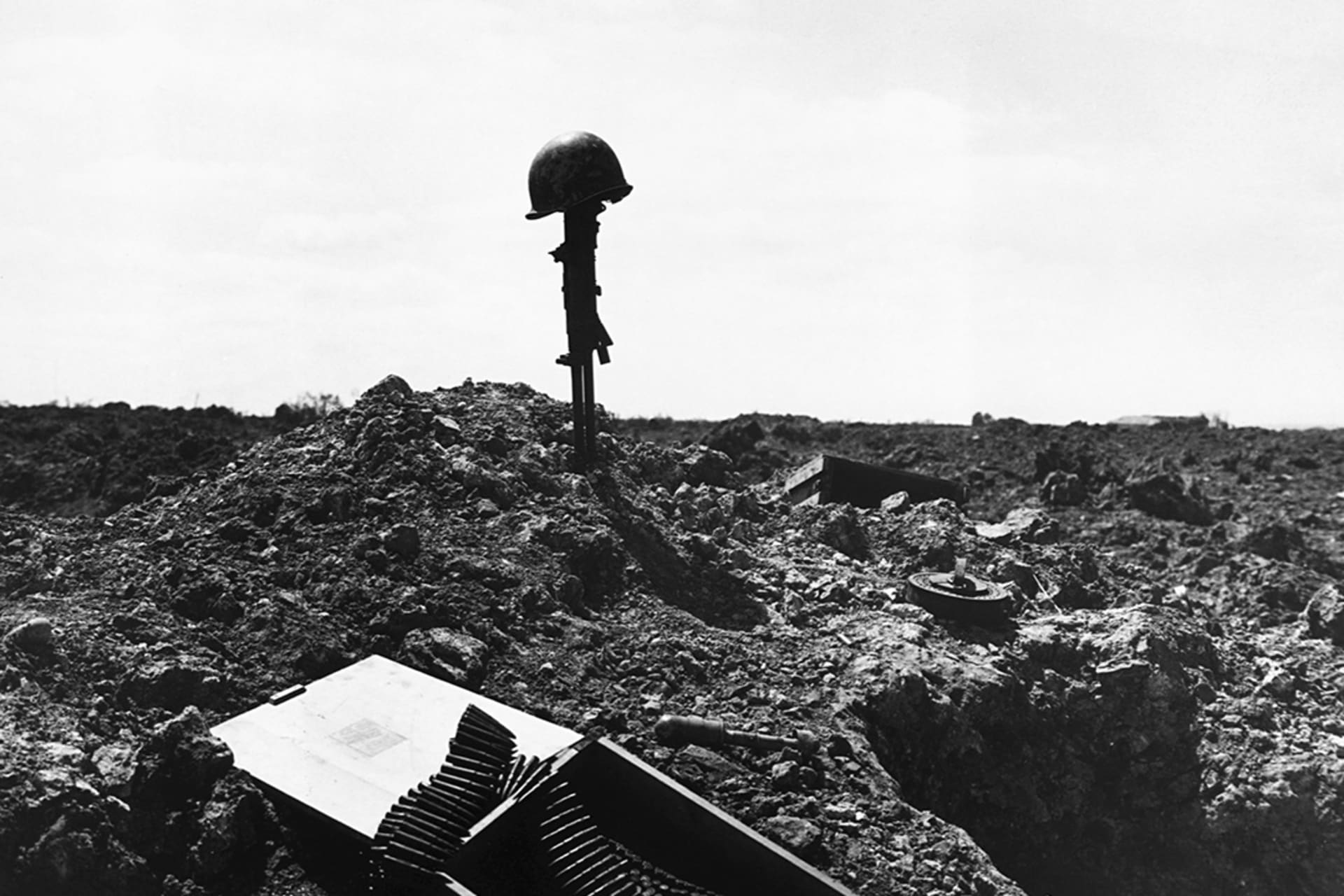 <p>A monument to an unknown American soldier who died in the D-Day assault was constructed on the shell-blasted shore of Normandy shortly after the invasion.</p>
