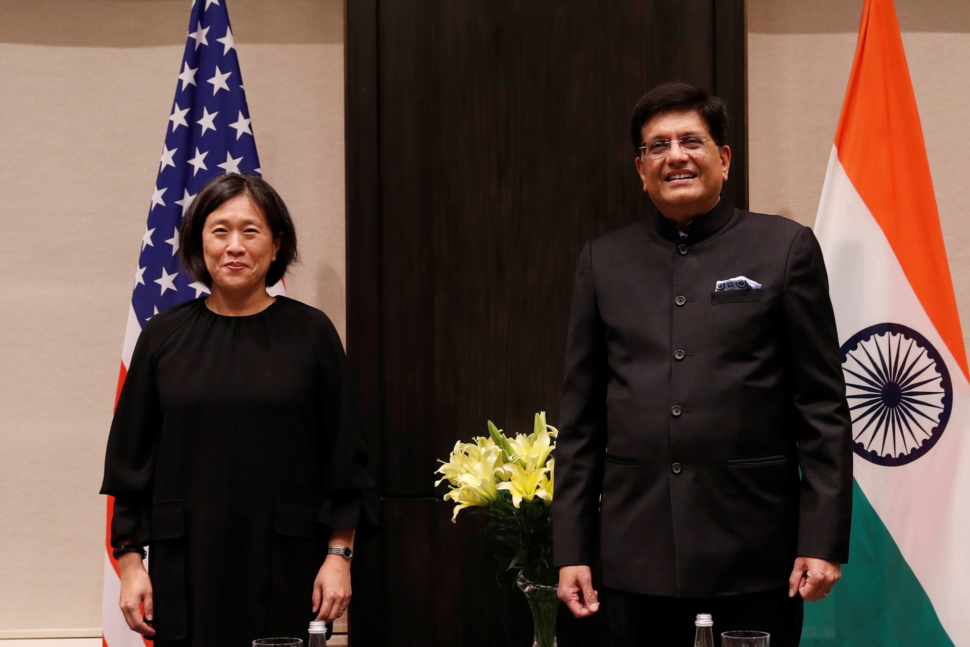 <p>U.S. Trade Representative Katherine Tai and India’s Minister of Commerce and Industry Piyush Goyal poses for a picture before the start of their meeting in New Delhi, India on November 22, 2021.</p>
