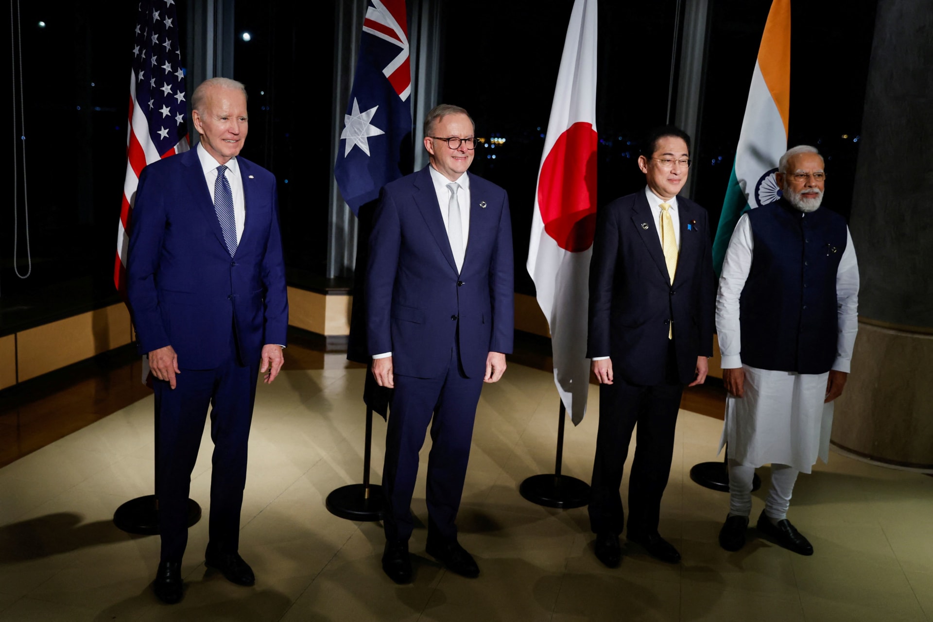 <p>U.S. President Joe Biden, Australia’s Prime Minister Anthony Albanese, Japan’s Prime Minister Fumio Kishida, and India’s Prime Minister Narendra Modi hold a Quad meeting on the sidelines of the G7 summit.</p>
