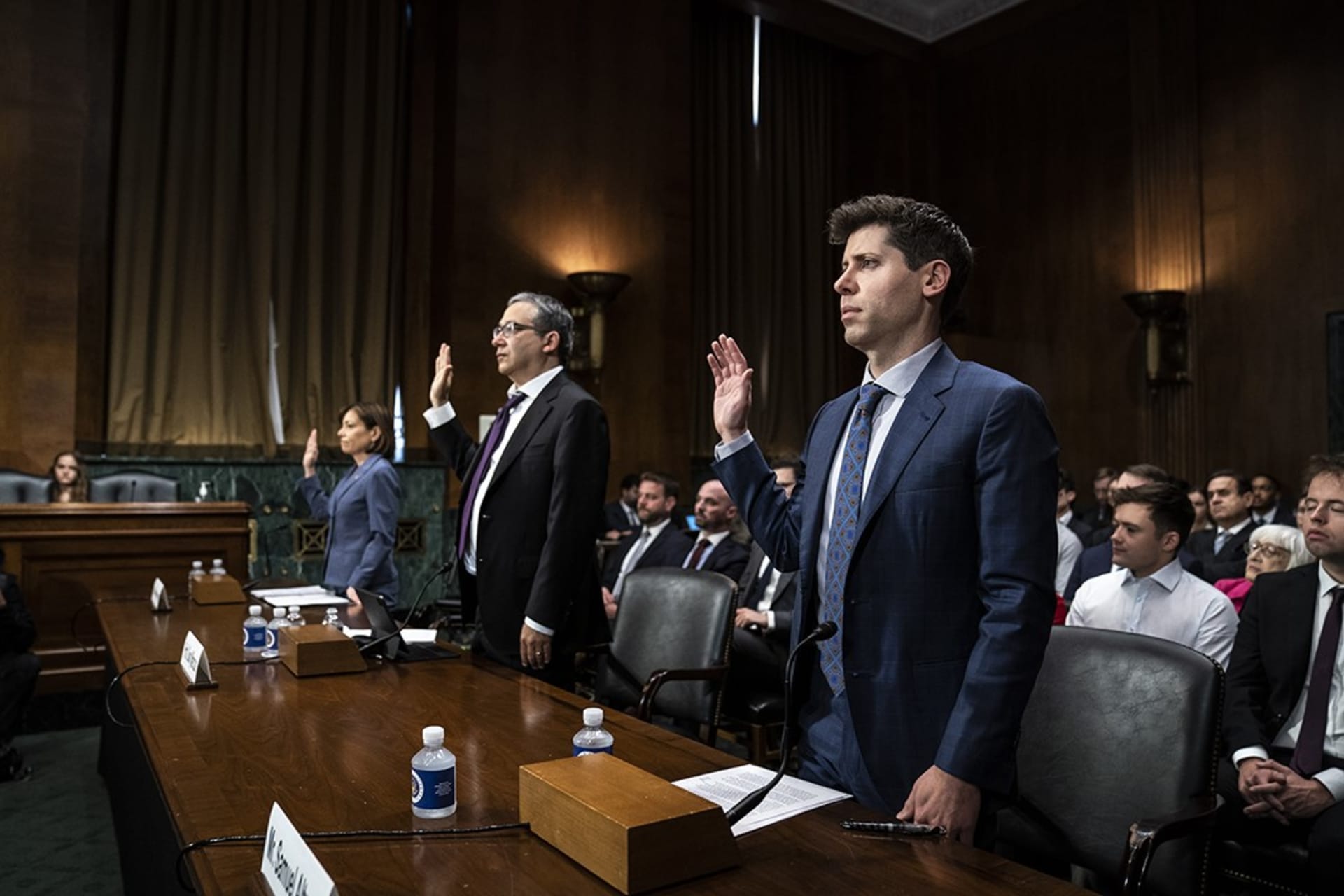<p>OpenAI CEO Samuel Altman, NYU Professor Gary Marcus, and IBM’s Chief Privacy and Trust Officer Christina Montgomery testify before a Senate Judiciary Subcommittee during a hearing to examine AI, in Washington DC, on May 16, 2023.</p>
