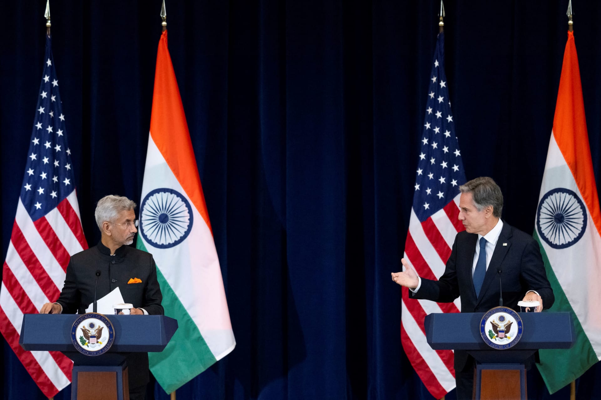 <p>U.S. Secretary of State Antony Blinken and India’s Foreign Minister Subrahmanyam Jaishankar speak at a joint news conference at the State Department on September 27, 2022.</p>
