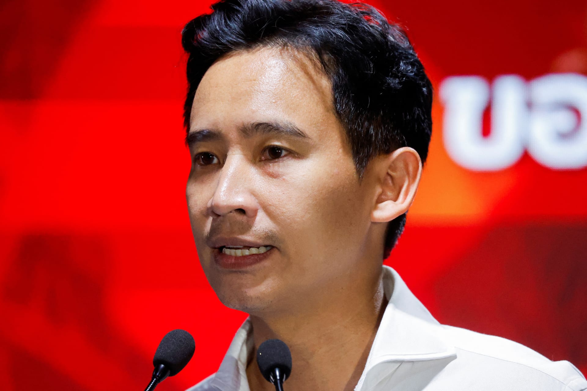 <p>Move Forward Party leader and prime ministerial candidate, Pita Limjaroenrat, speaks to the media on the day of the general election in Bangkok, Thailand, on May 14, 2023.</p>